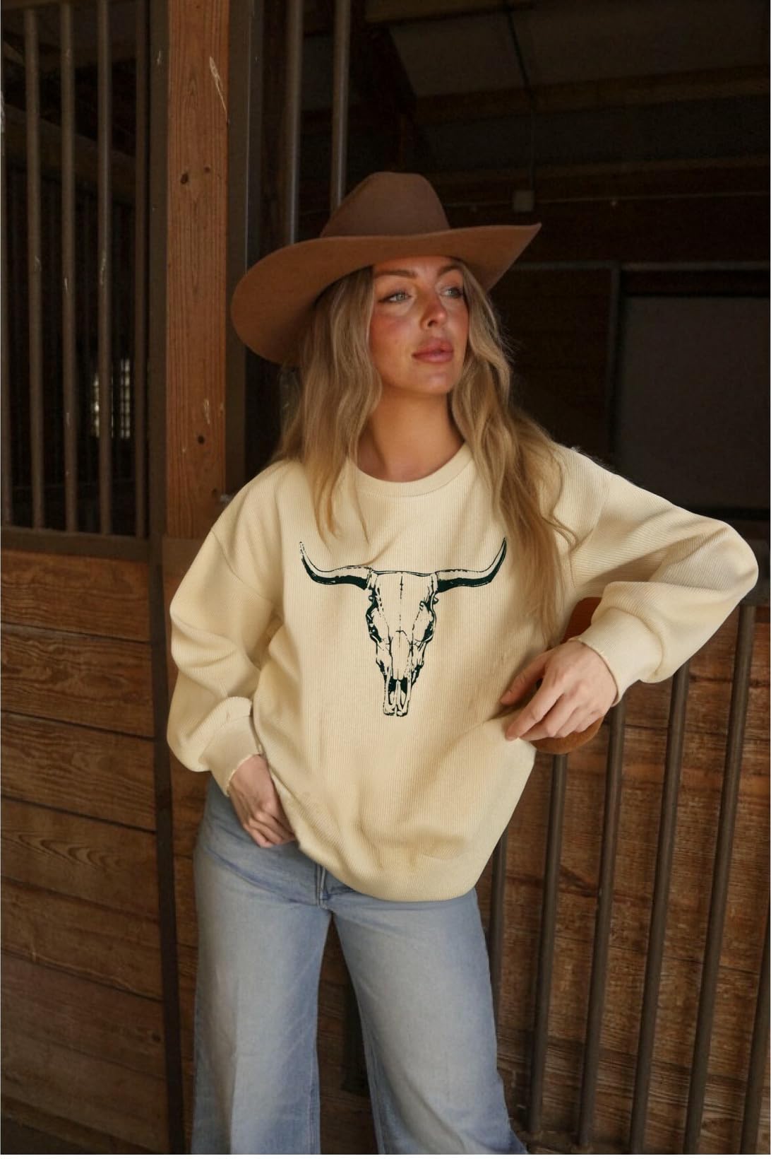 UNIQUEONE Boho Cow Skull Sweatshirt Women Cowgirl Shirt Rodeo Western Country Concert Outfits Nashville Graphic Pullover Tops