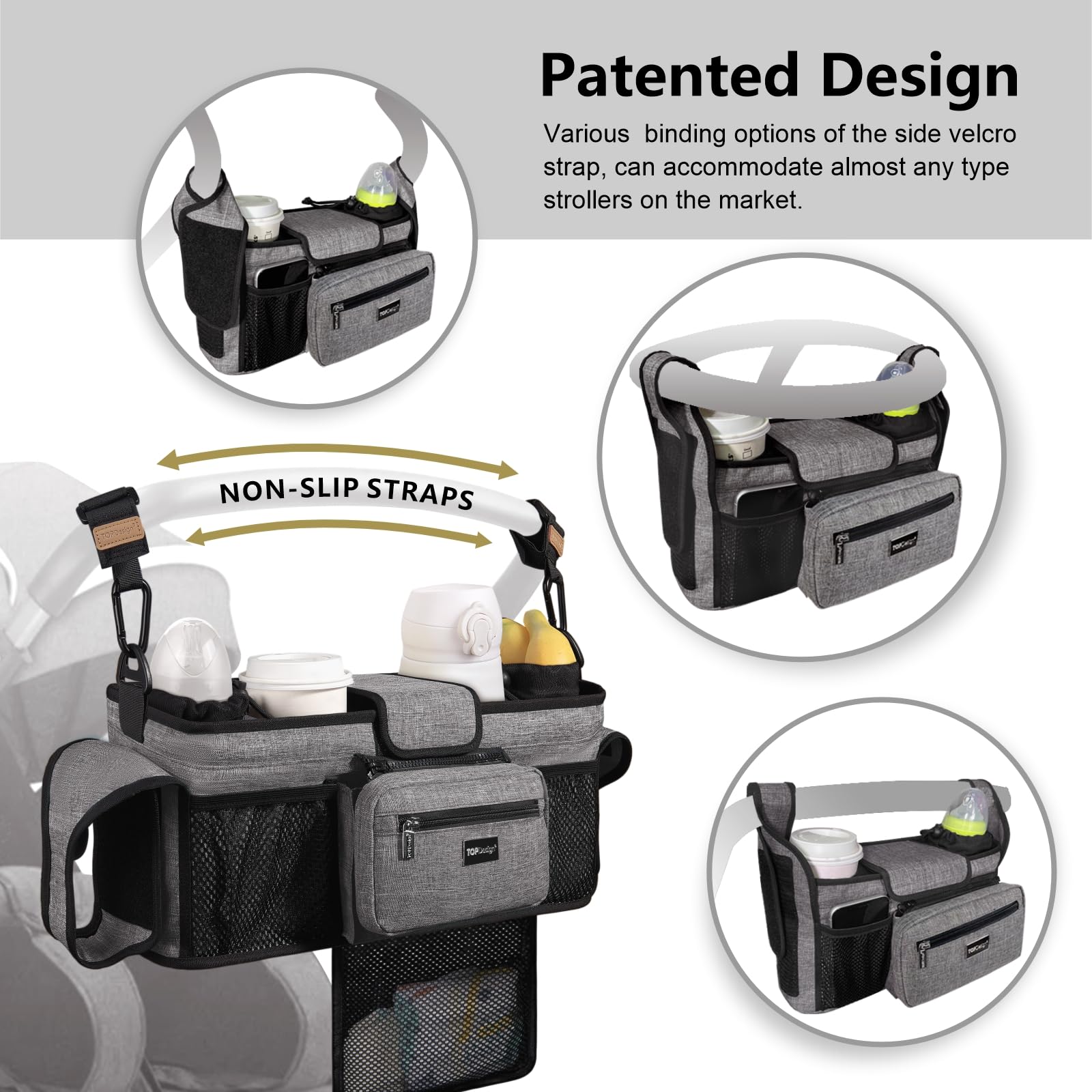TOPDesign Universal Baby Stroller Organizer, Stroller Caddy with Detachable Mesh Bag & Heightened Insulated Cup Holders & Non-Slip Secure Hooks Accessories, Fits Most Strollers (Checkerboard)