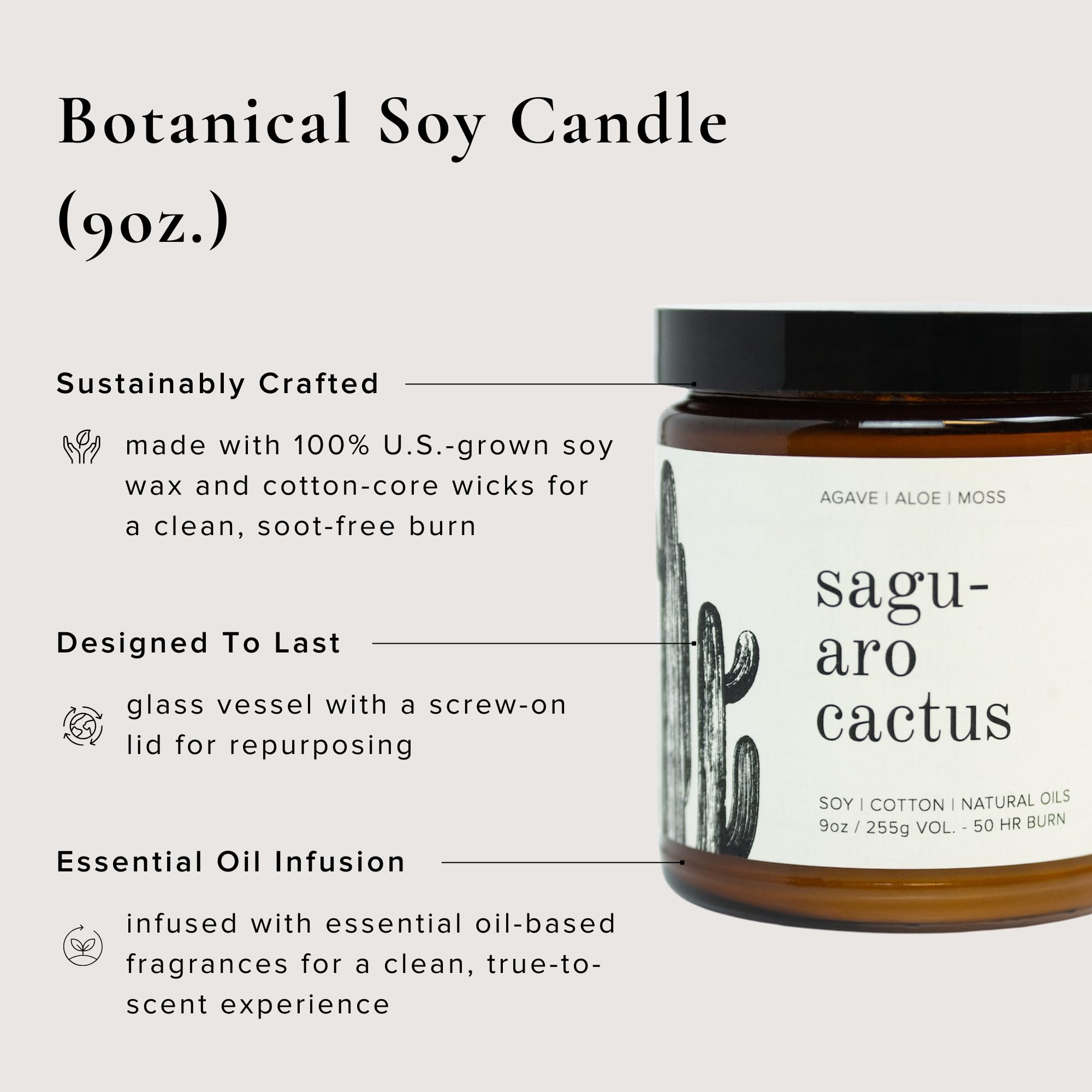 Broken Top Saguaro Cactus Pure Soy Candle | 9 oz. | Agave, Aloe & Moss. 50-Hour Burn Time. Natural Cotton Wick, Vegan, No Parabens, No Phthalates