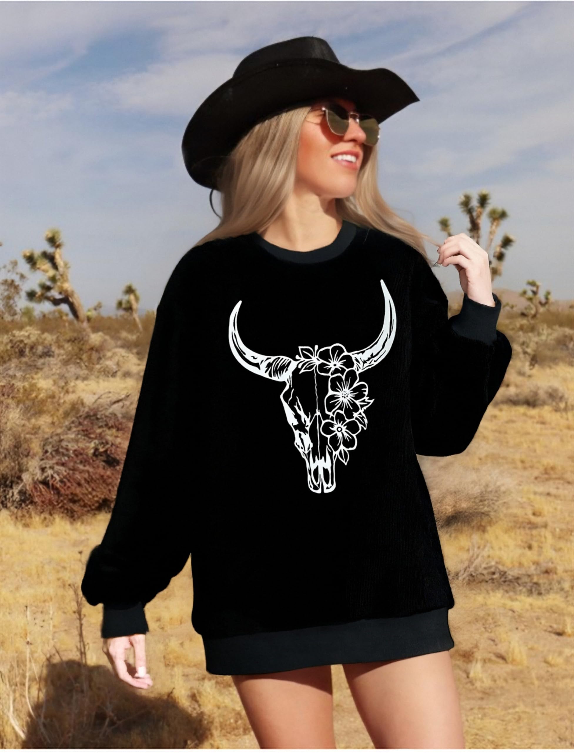 UNIQUEONE Boho Cow Skull Sweatshirt Women Cowgirl Shirt Rodeo Western Country Concert Outfits Nashville Graphic Pullover Tops