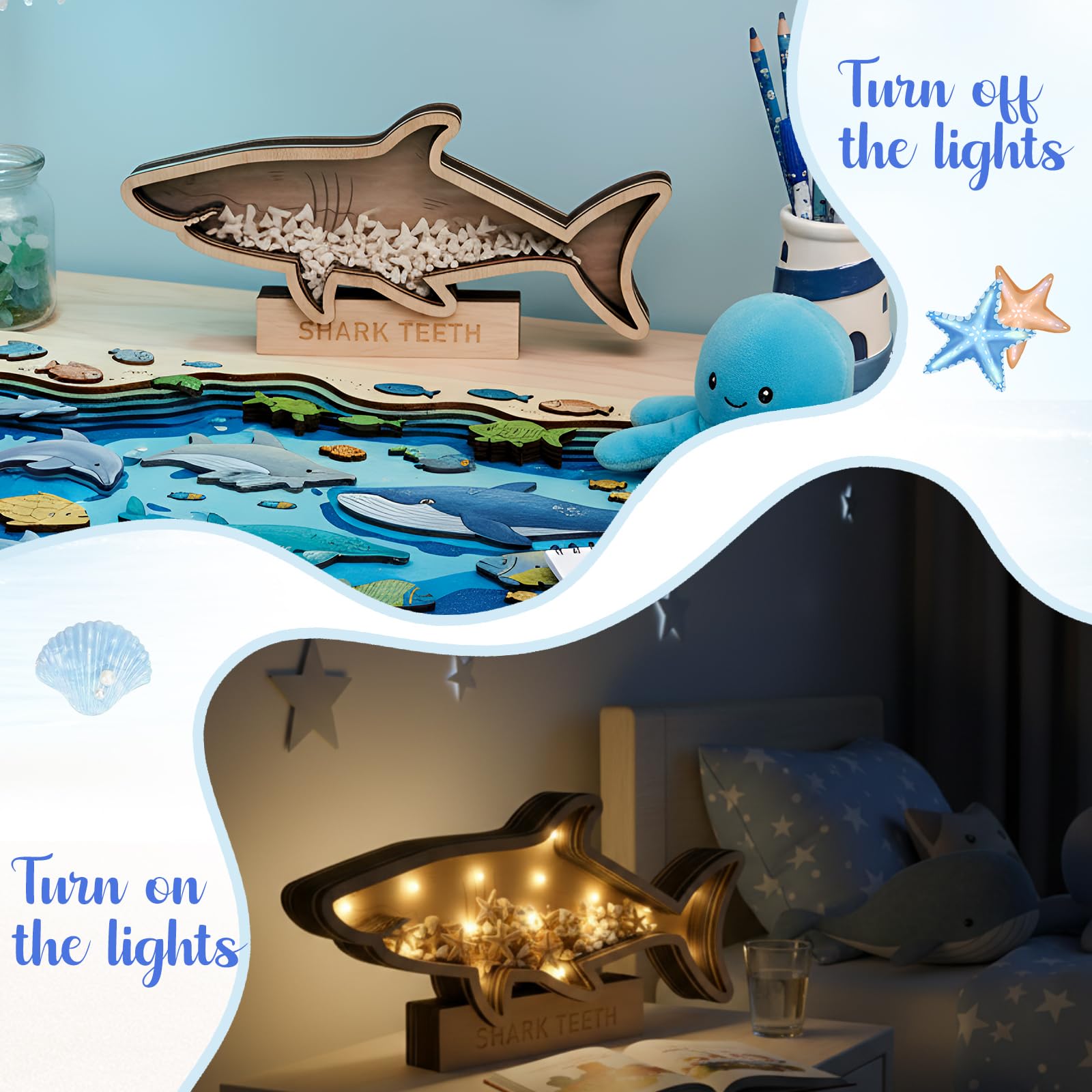 FoldTier Shark Tooth Display Case with Light 9.8 in Wooden Shark Teeth Holder Shadow Box Sharks Stuff Gift for Collectors Lovers Son Grandson Vacation Ocean Beach Home Decor