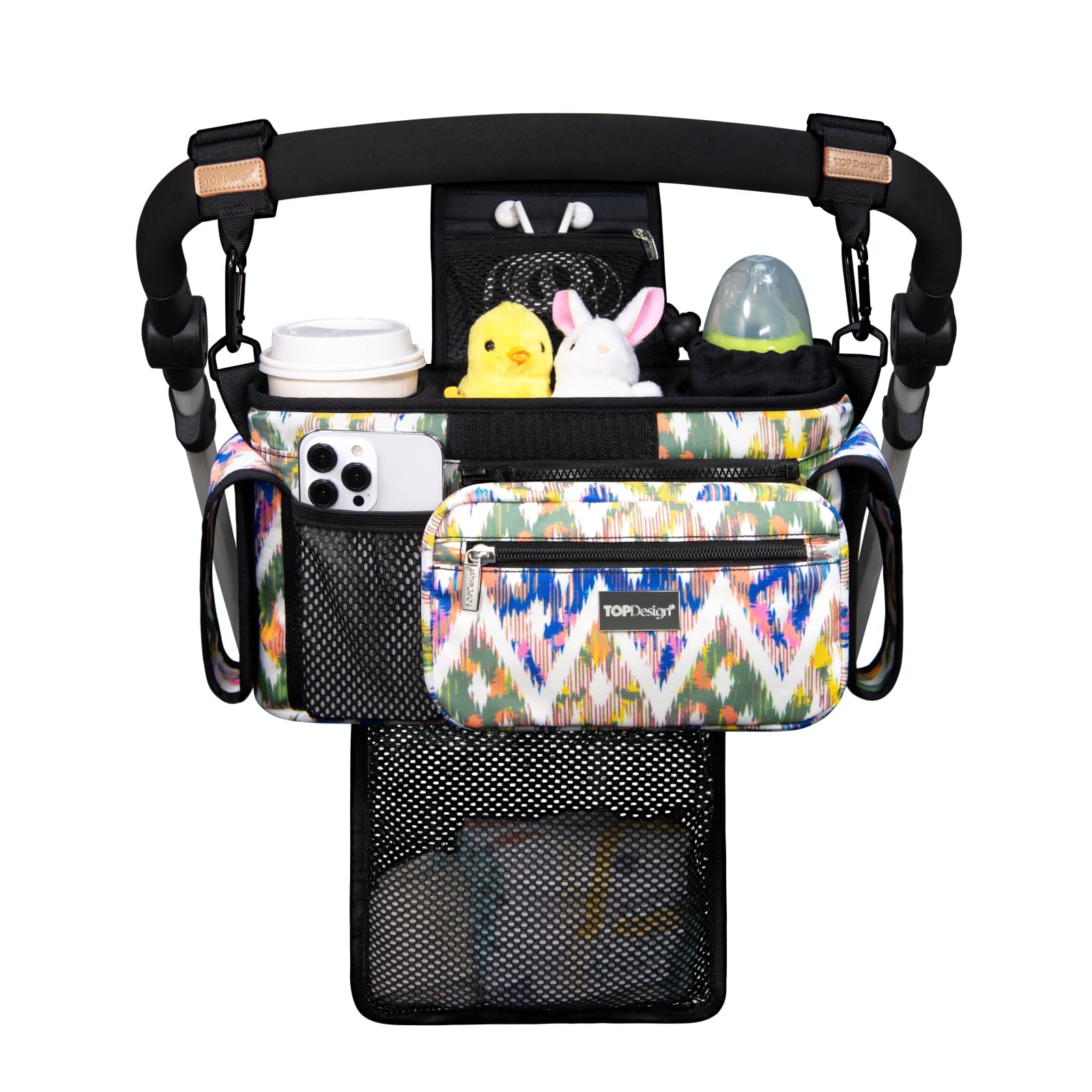 TOPDesign Universal Baby Stroller Organizer, Stroller Caddy with Detachable Mesh Bag & Heightened Insulated Cup Holders & Non-Slip Secure Hooks Accessories, Fits Most Strollers (Checkerboard)