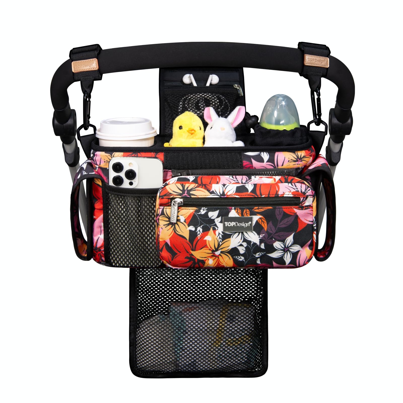 TOPDesign Universal Baby Stroller Organizer, Stroller Caddy with Detachable Mesh Bag & Heightened Insulated Cup Holders & Non-Slip Secure Hooks Accessories, Fits Most Strollers (Checkerboard)