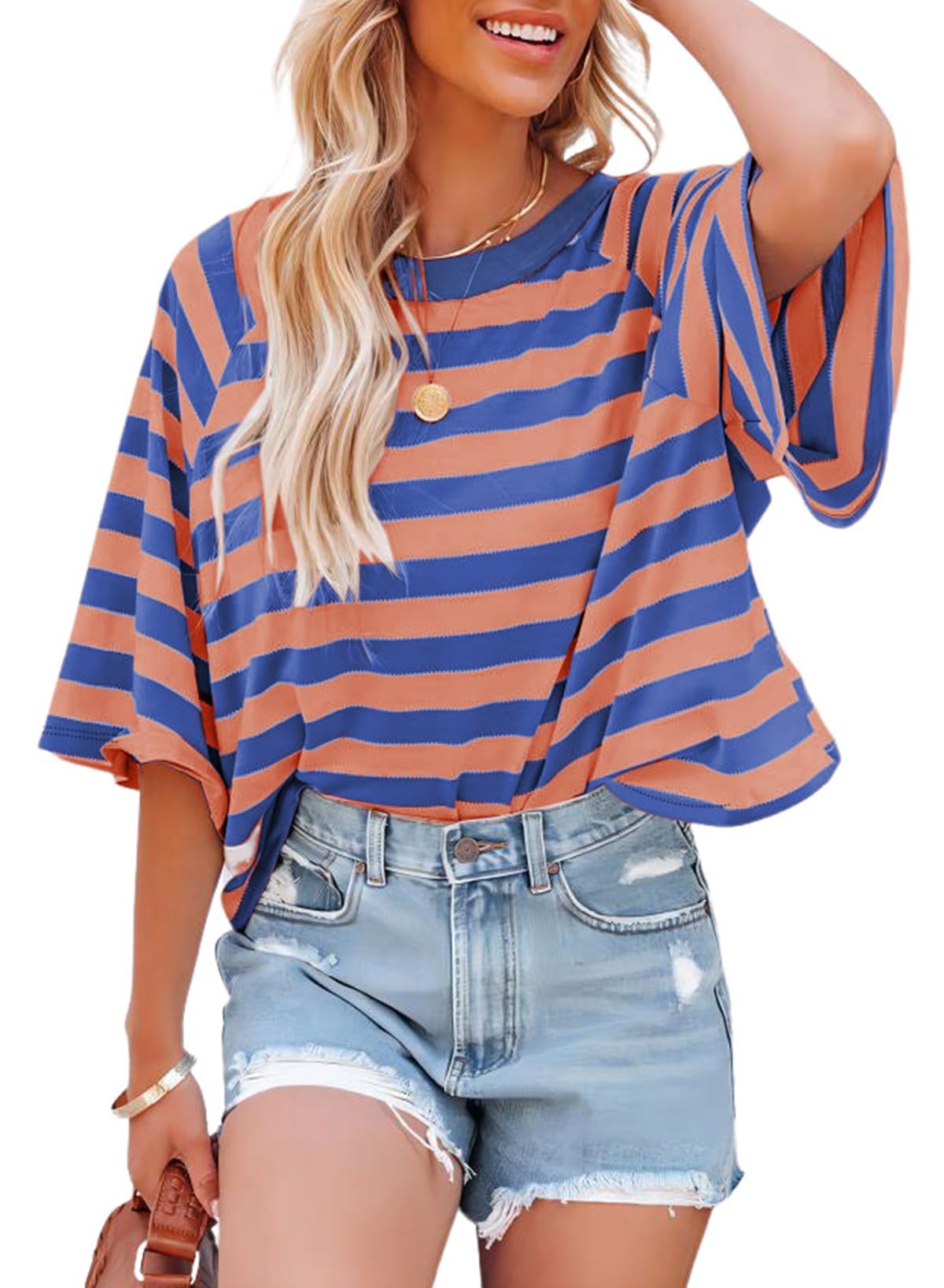 Dokotoo Tops for Women Striped 2026 Fashion T Shirts for Women Color Block Crewneck Design Loose Basic Tee
