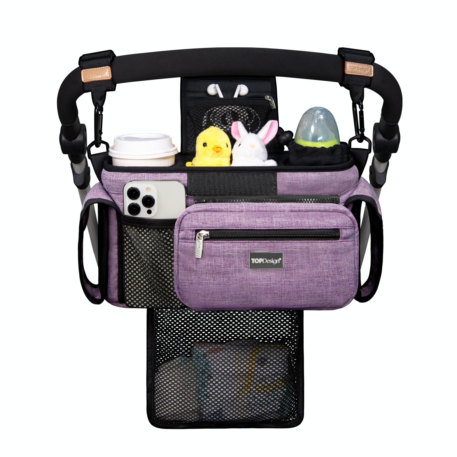 TOPDesign Universal Baby Stroller Organizer, Stroller Caddy with Detachable Mesh Bag & Heightened Insulated Cup Holders & Non-Slip Secure Hooks Accessories, Fits Most Strollers (Checkerboard)