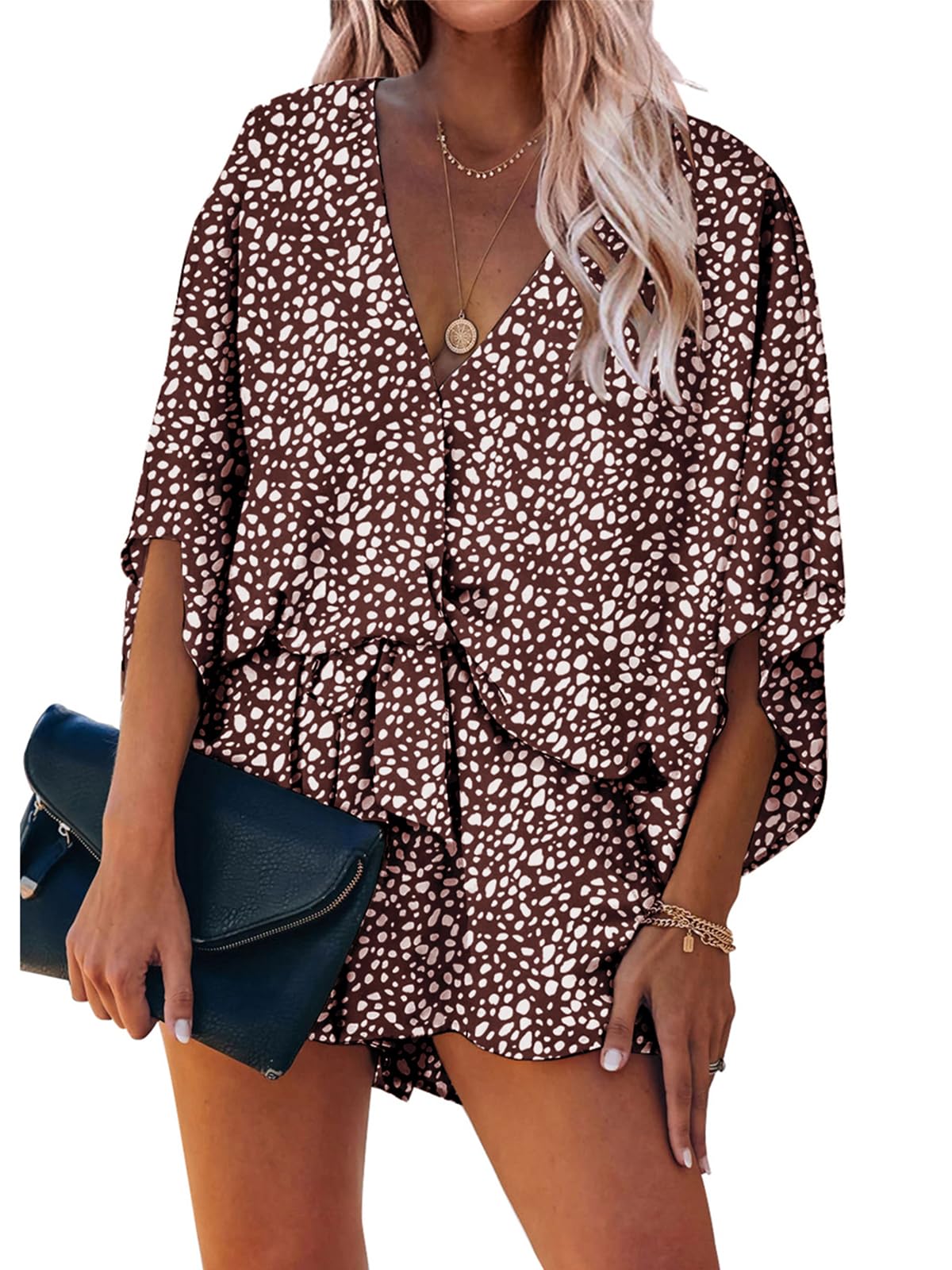 PRETTYGARDEN Women's Leopard Print Shorts Jumpsuit Wrap V Neck 3/4 Sleeve Casual Loose Oversized Romper With Pockets