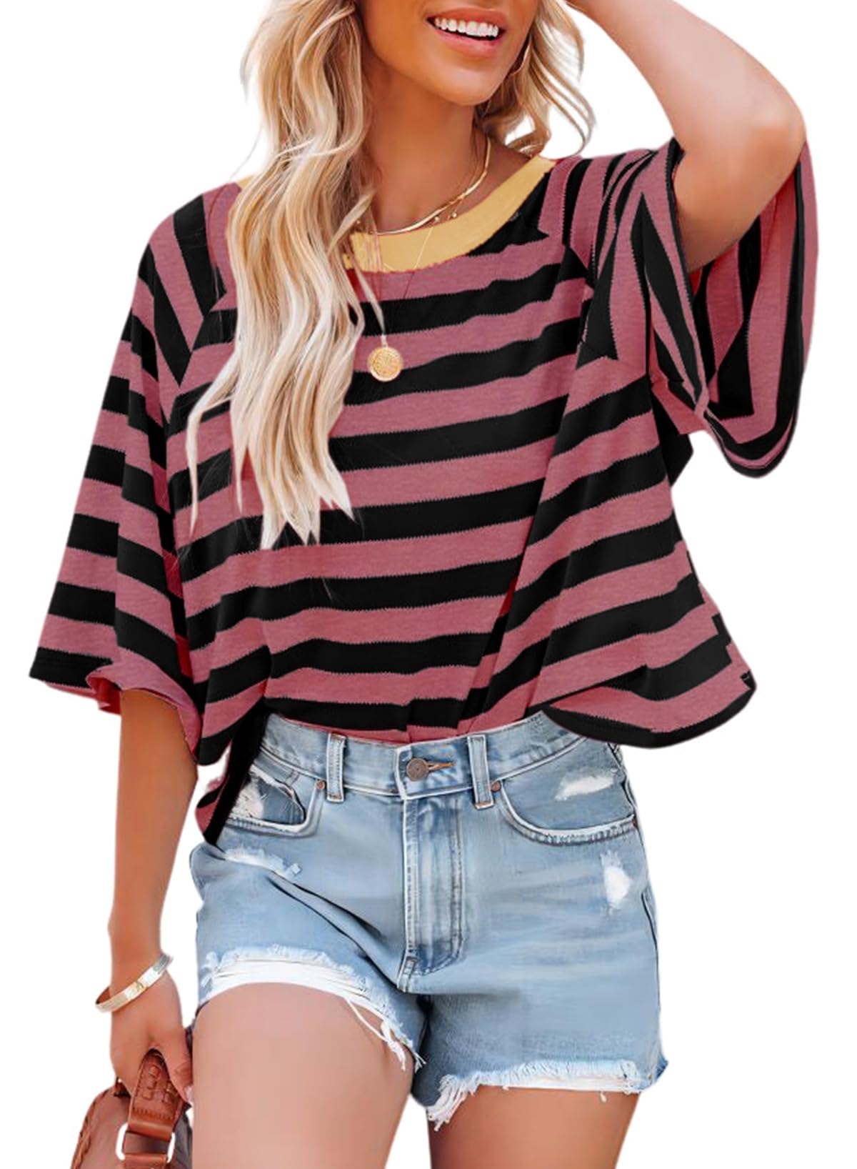 Dokotoo Tops for Women Striped 2026 Fashion T Shirts for Women Color Block Crewneck Design Loose Basic Tee