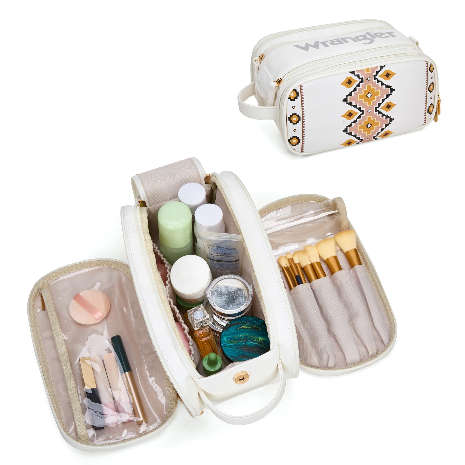 Montana West X Wrangler Large Makeup Bag Travel Toiletry Bag Portable Cosmetic Bag Make Up Organizer with Divider and Handle for Women