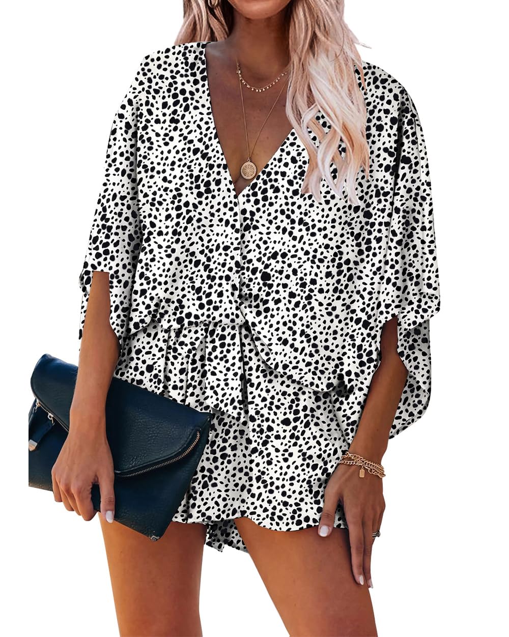 PRETTYGARDEN Women's Leopard Print Shorts Jumpsuit Wrap V Neck 3/4 Sleeve Casual Loose Oversized Romper With Pockets