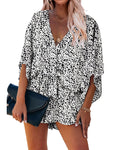 PRETTYGARDEN Women's Leopard Print Shorts Jumpsuit Wrap V Neck 3/4 Sleeve Casual Loose Oversized Romper With Pockets