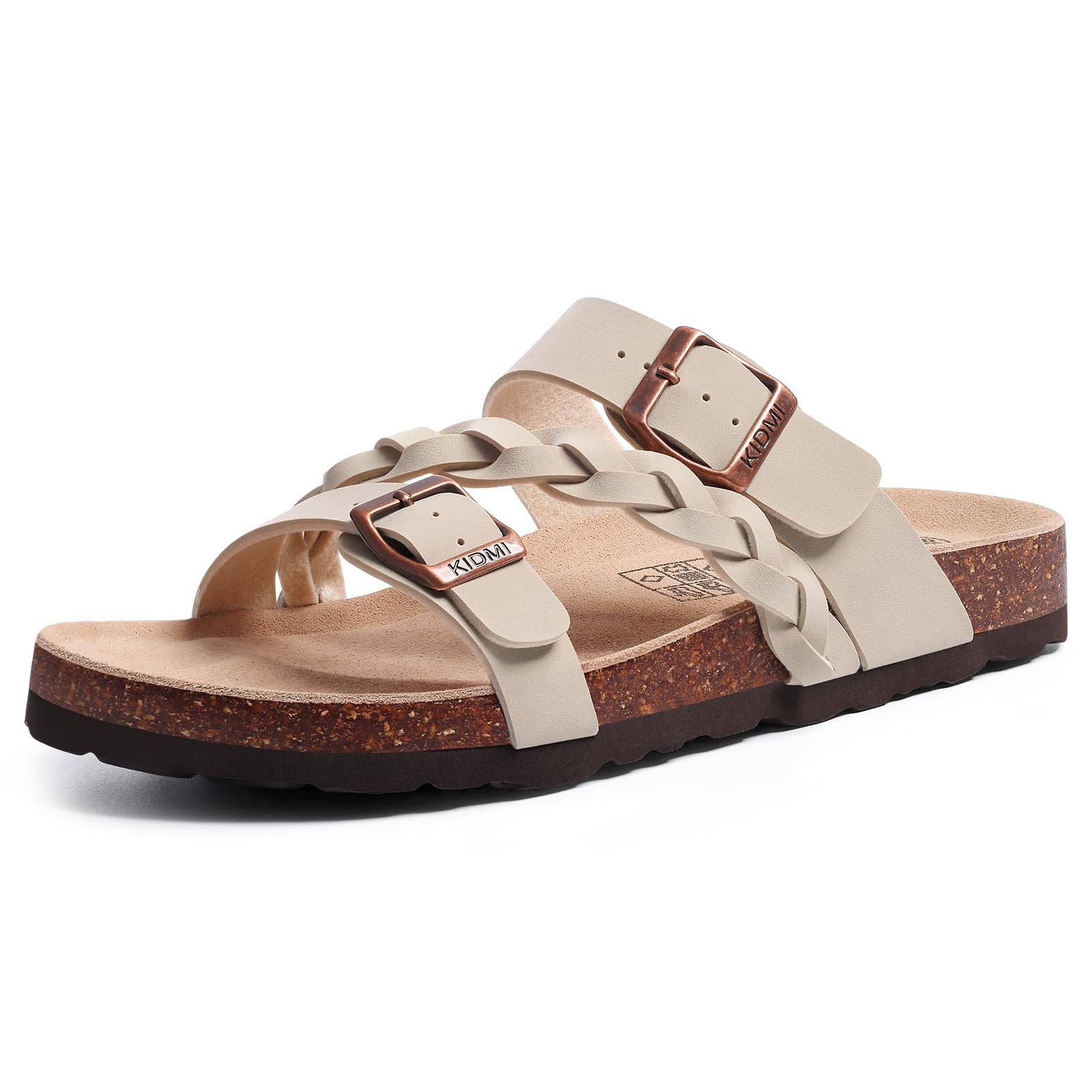 KIDMI Women's Cork Footbed Sandals with Arch Support Comfortable Slip-On Slide Sandals With Adjustable Buckle for Summer