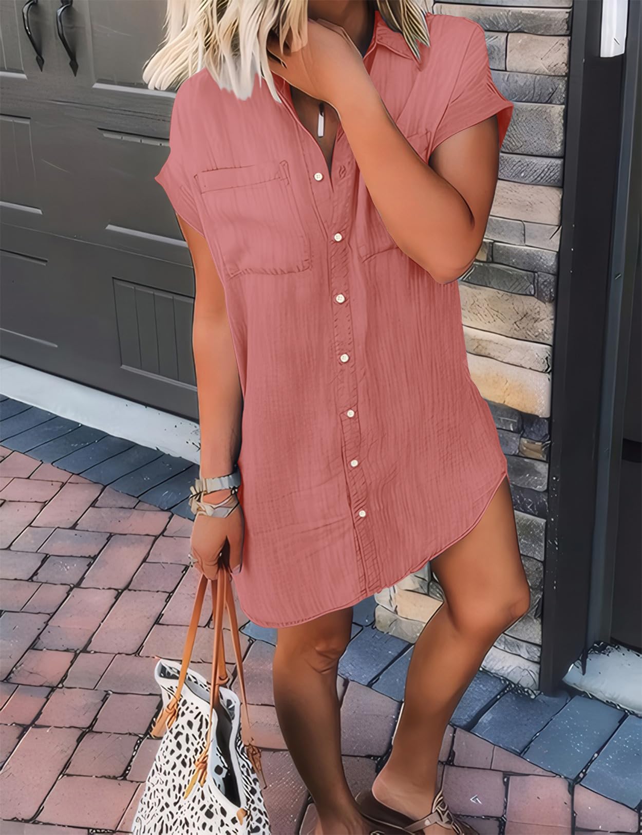 Zilcremo Women Denim Shirt Dresses Short Sleeve Distressed Jean Dress Button Down Casual Tunic Top
