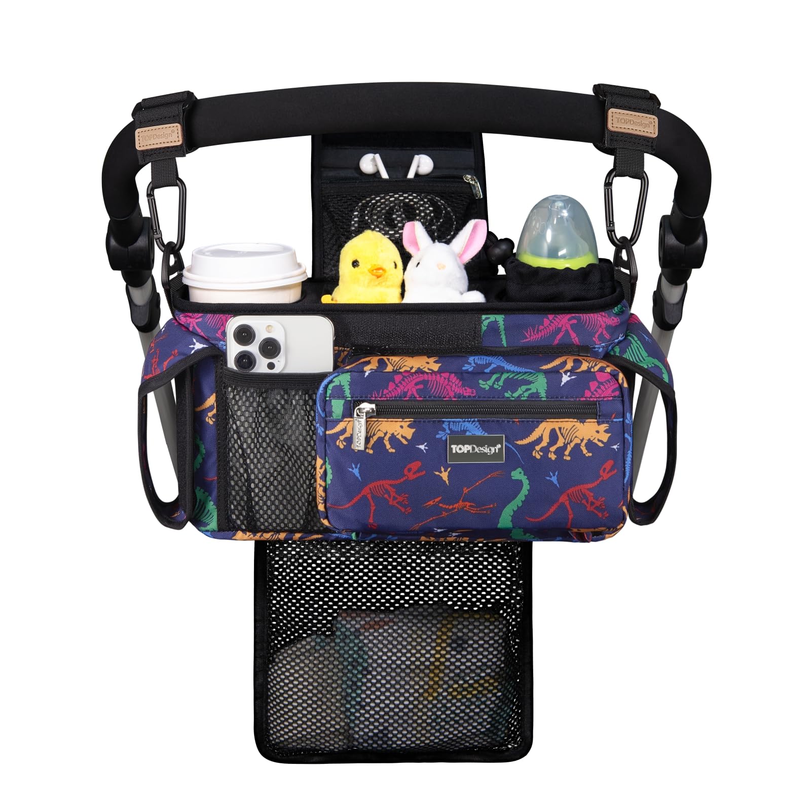 TOPDesign Universal Baby Stroller Organizer, Stroller Caddy with Detachable Mesh Bag & Heightened Insulated Cup Holders & Non-Slip Secure Hooks Accessories, Fits Most Strollers (Checkerboard)