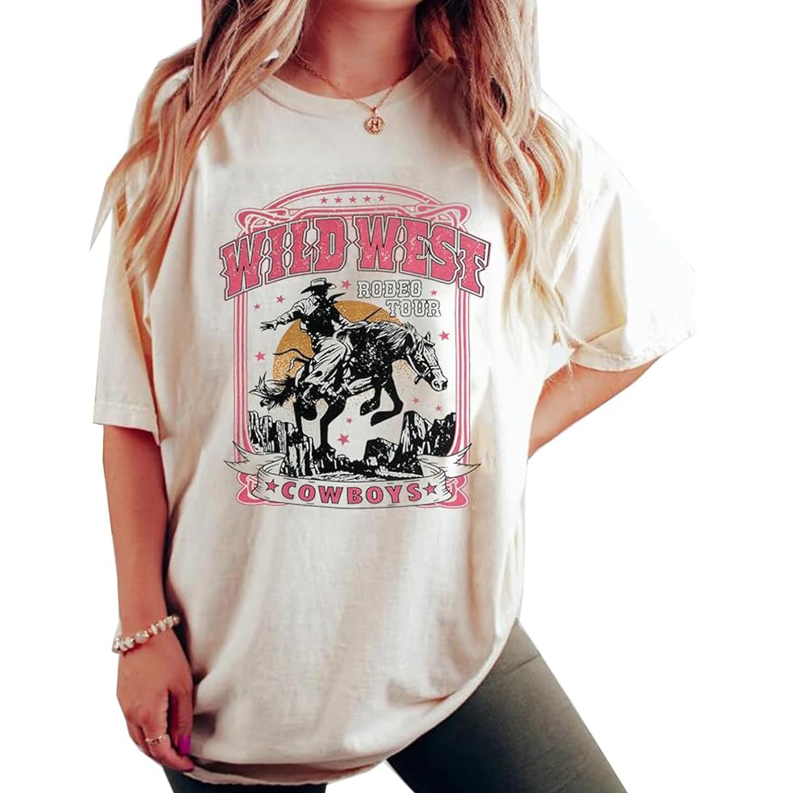 Women's Western Cowboy Shirts Vintage Rodeo Graphic Oversized Tops Cowgirl T-Shirt Rodeo Shirts for Women