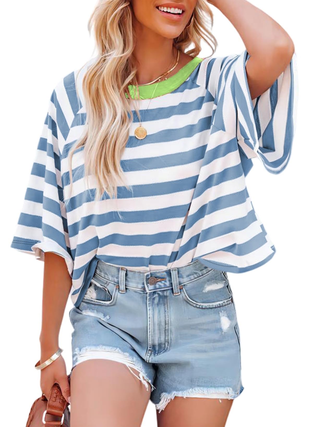 Dokotoo Tops for Women Striped 2026 Fashion T Shirts for Women Color Block Crewneck Design Loose Basic Tee