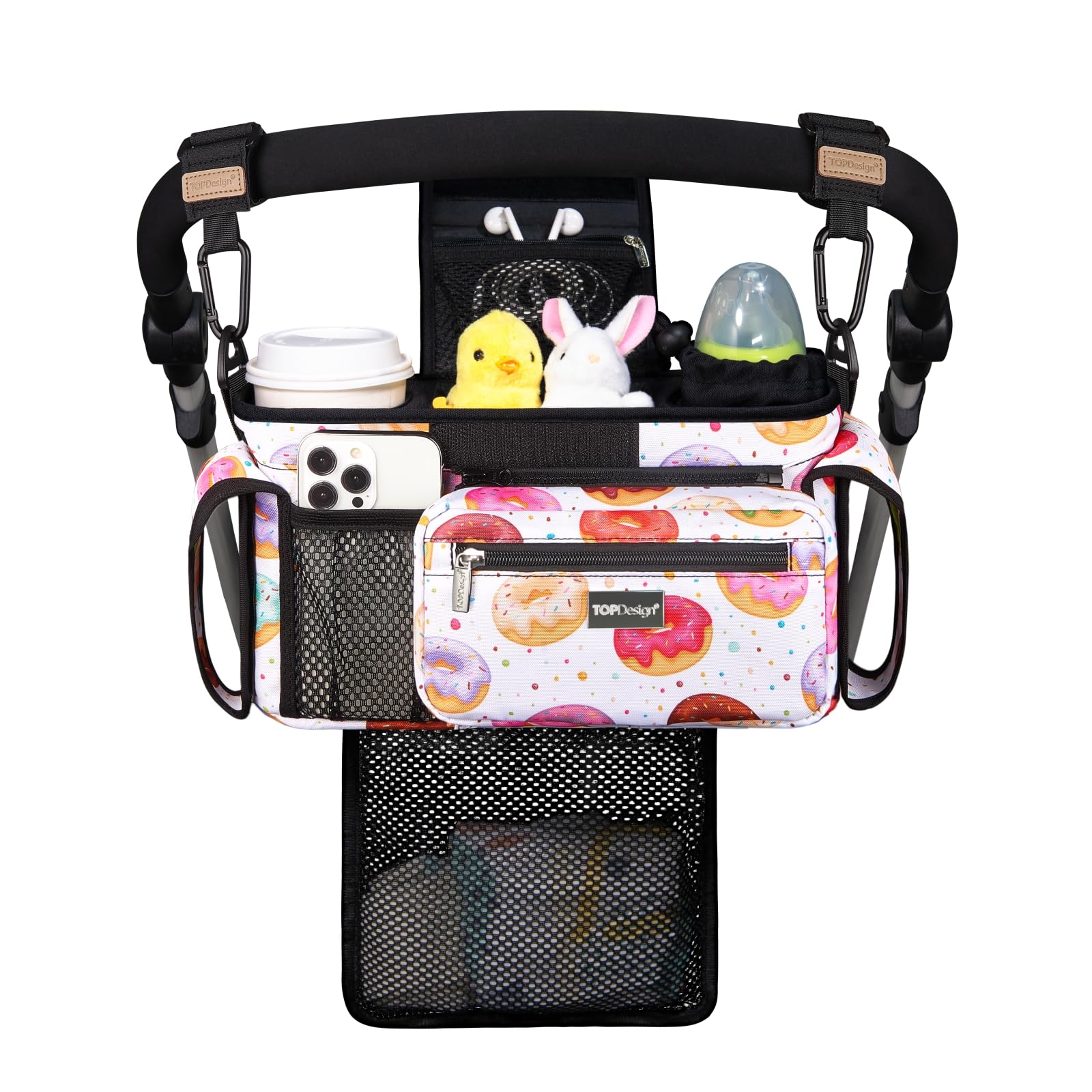 TOPDesign Universal Baby Stroller Organizer, Stroller Caddy with Detachable Mesh Bag & Heightened Insulated Cup Holders & Non-Slip Secure Hooks Accessories, Fits Most Strollers (Checkerboard)