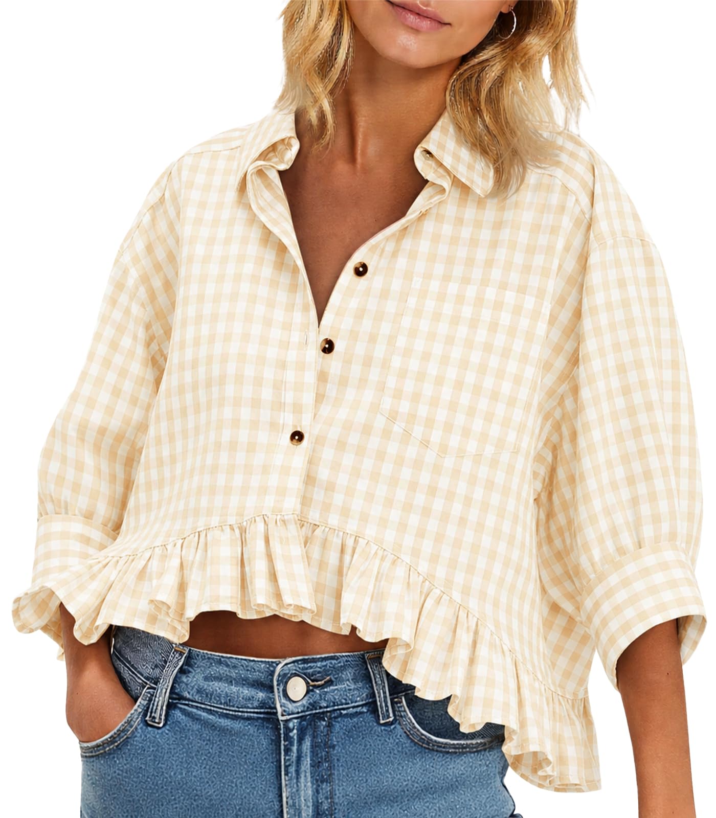 Cicy Bell Womens Cropped Striped Button Down Shirts Ruffle 3/4 Length Sleeve Summer Tops Dressy Casual Blouses