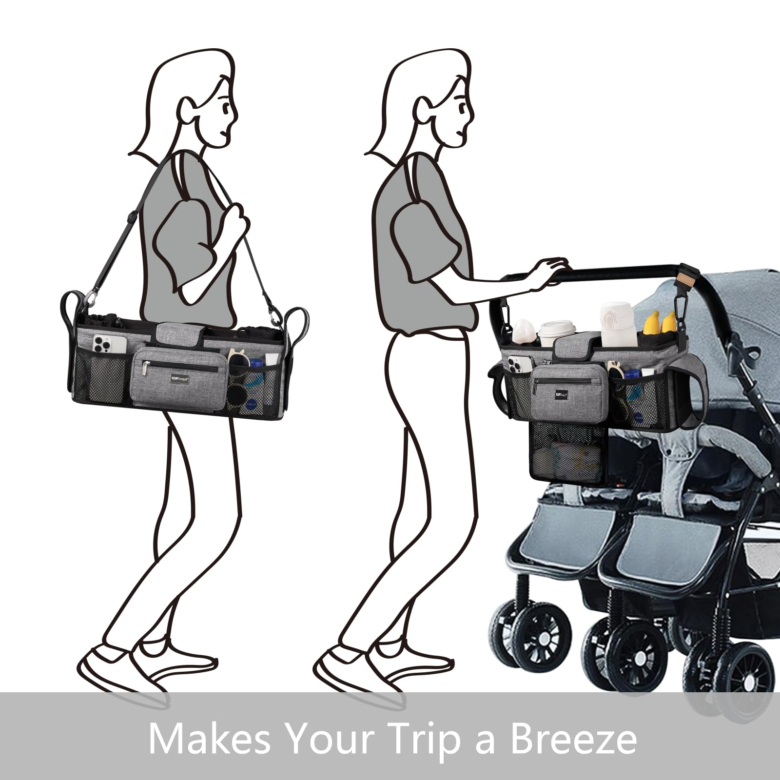 TOPDesign Universal Baby Stroller Organizer, Stroller Caddy with Detachable Mesh Bag & Heightened Insulated Cup Holders & Non-Slip Secure Hooks Accessories, Fits Most Strollers (Checkerboard)