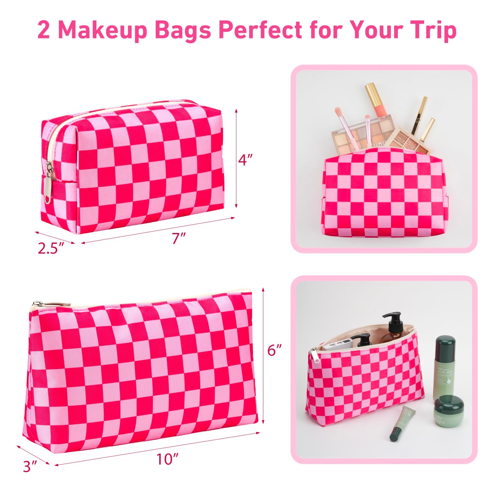 ZUBOND Beach Tote Bags for Women 3 Pack, Large Trave Tote Bag with 2 Makeup Bags, Trendy Gingham Fashion Handbags Work Bag