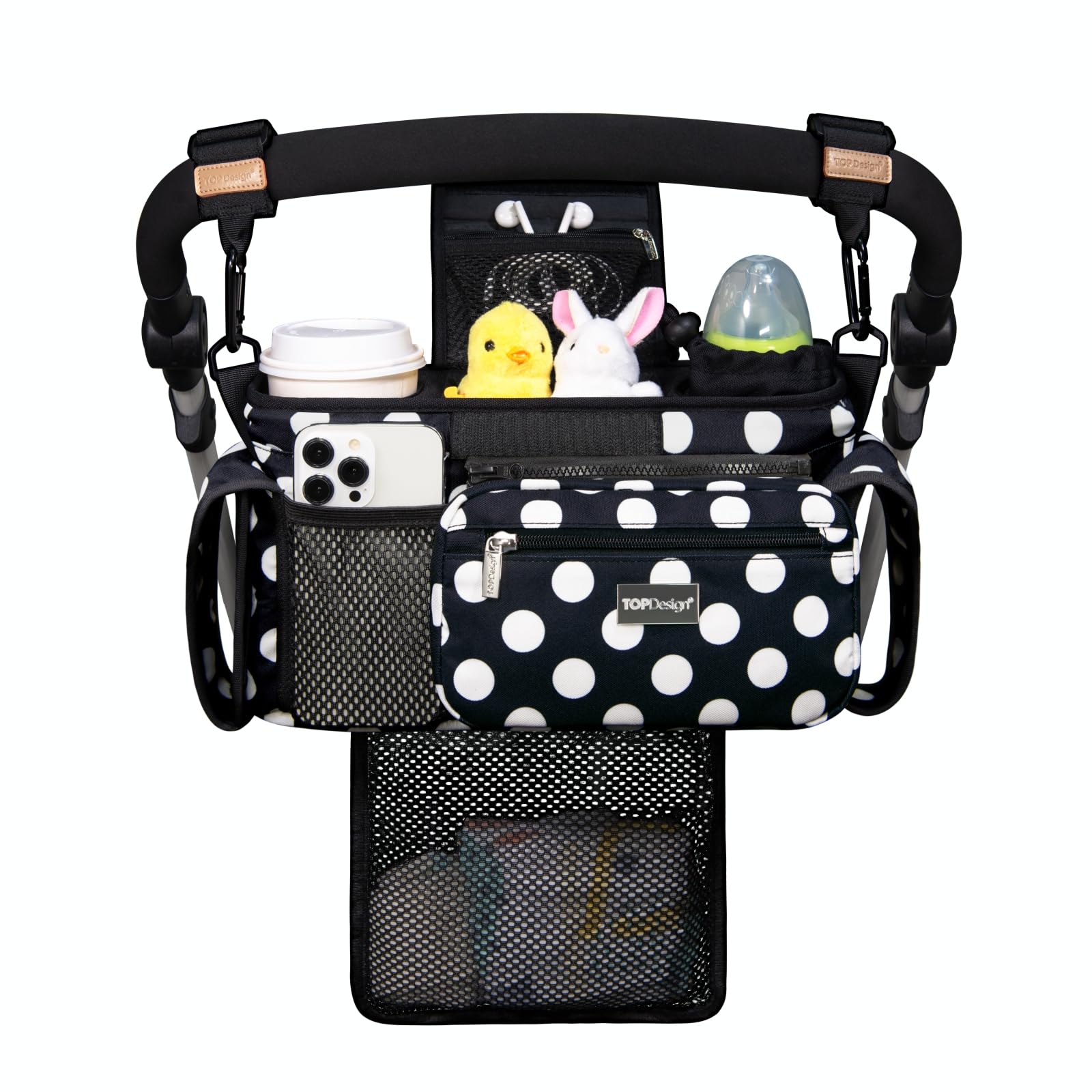 TOPDesign Universal Baby Stroller Organizer, Stroller Caddy with Detachable Mesh Bag & Heightened Insulated Cup Holders & Non-Slip Secure Hooks Accessories, Fits Most Strollers (Checkerboard)