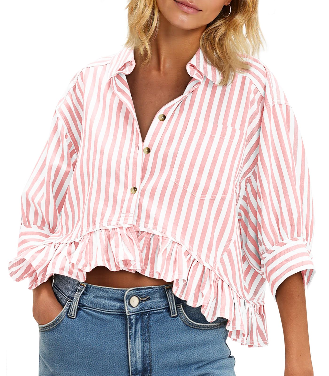 Cicy Bell Womens Cropped Striped Button Down Shirts Ruffle 3/4 Length Sleeve Summer Tops Dressy Casual Blouses