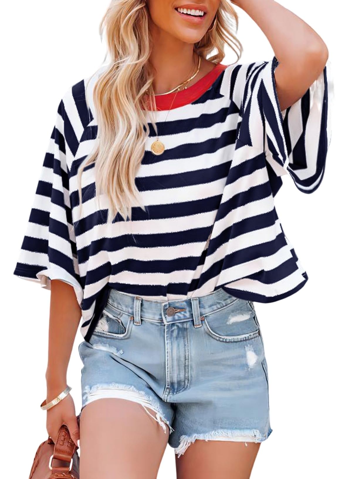 Dokotoo Tops for Women Striped 2026 Fashion T Shirts for Women Color Block Crewneck Design Loose Basic Tee