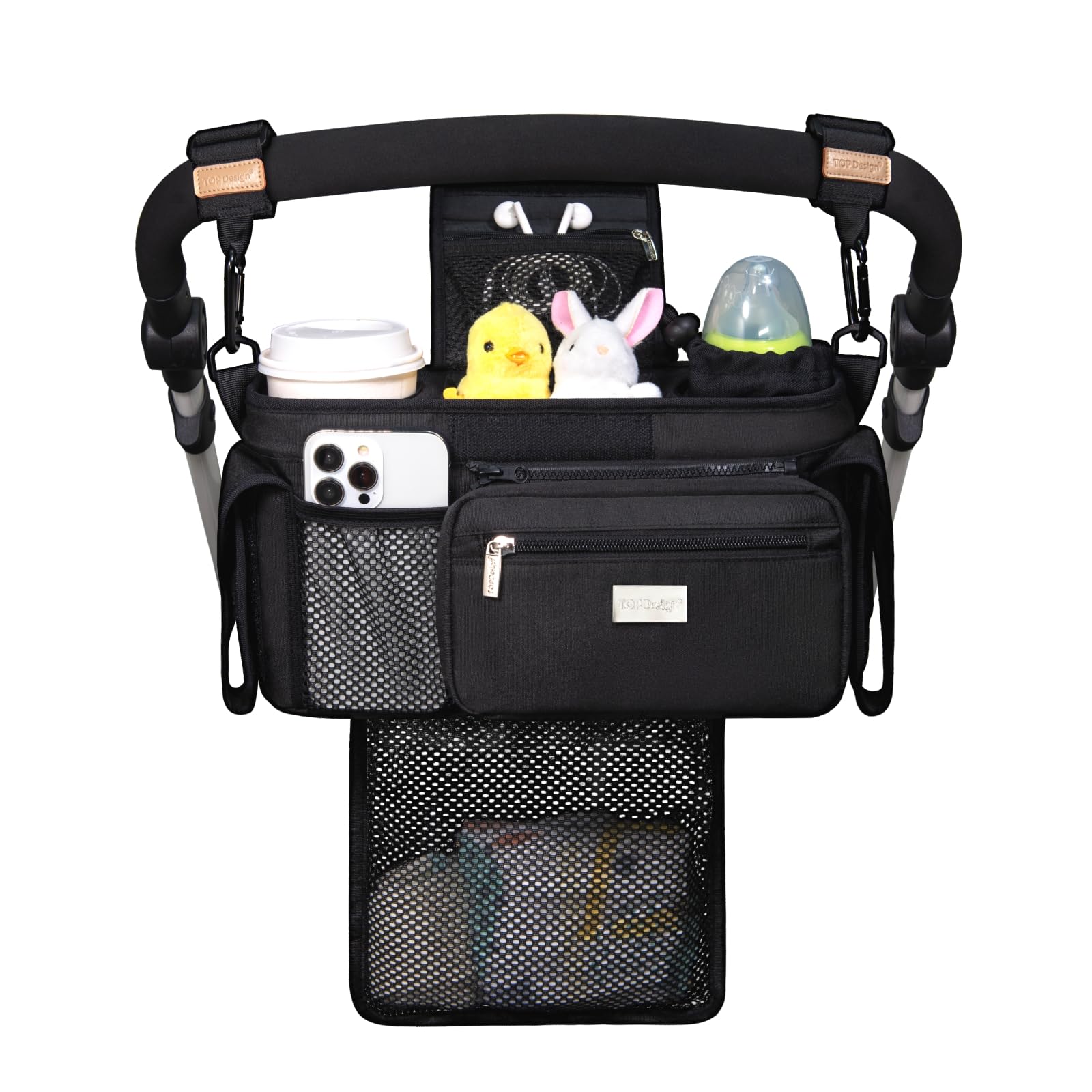 TOPDesign Universal Baby Stroller Organizer, Stroller Caddy with Detachable Mesh Bag & Heightened Insulated Cup Holders & Non-Slip Secure Hooks Accessories, Fits Most Strollers (Checkerboard)