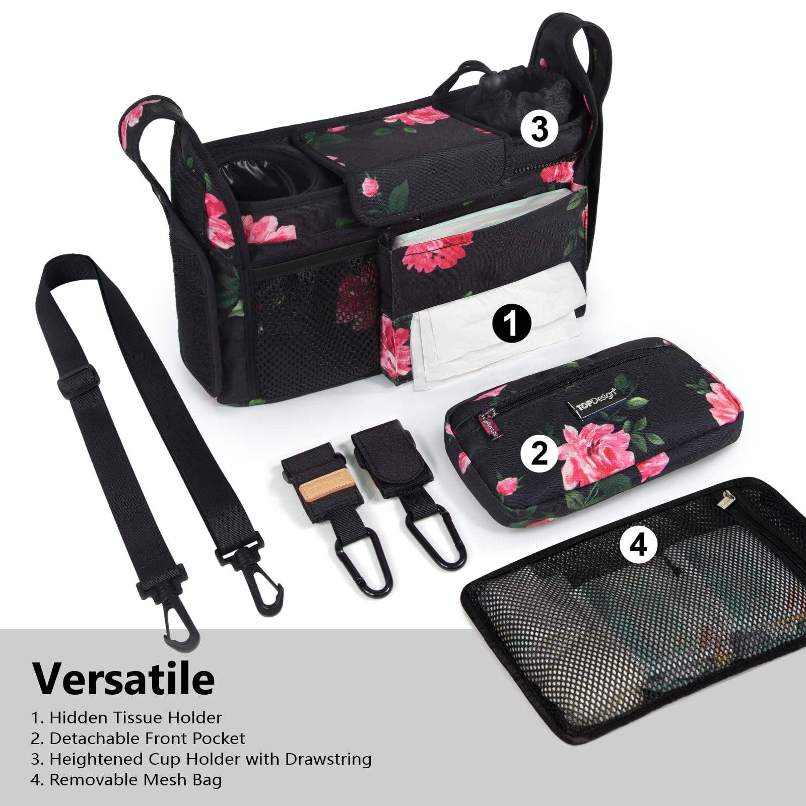 TOPDesign Universal Baby Stroller Organizer, Stroller Caddy with Detachable Mesh Bag & Heightened Insulated Cup Holders & Non-Slip Secure Hooks Accessories, Fits Most Strollers (Checkerboard)