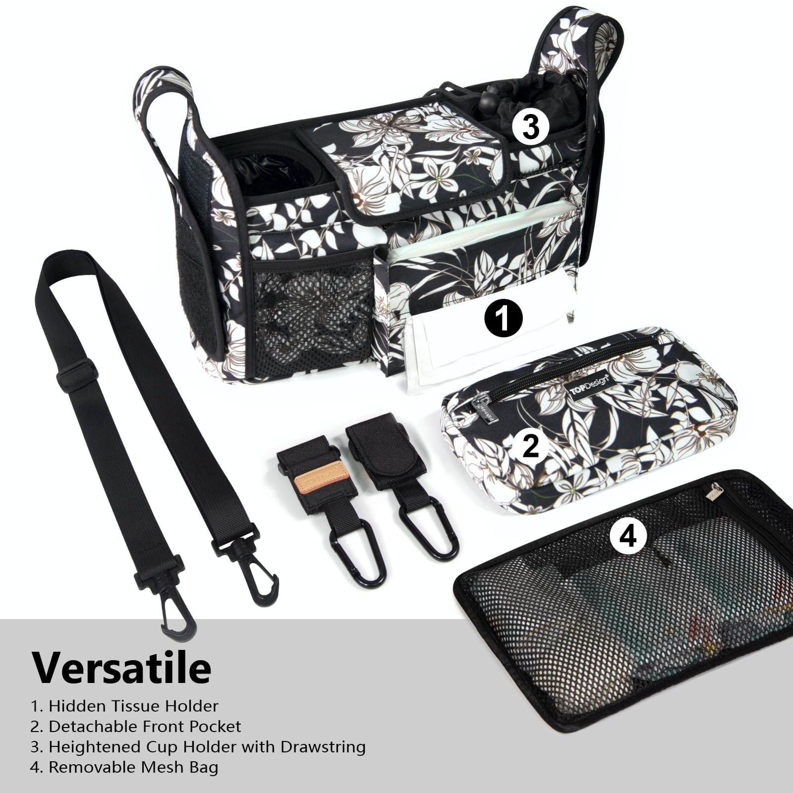 TOPDesign Universal Baby Stroller Organizer, Stroller Caddy with Detachable Mesh Bag & Heightened Insulated Cup Holders & Non-Slip Secure Hooks Accessories, Fits Most Strollers (Checkerboard)