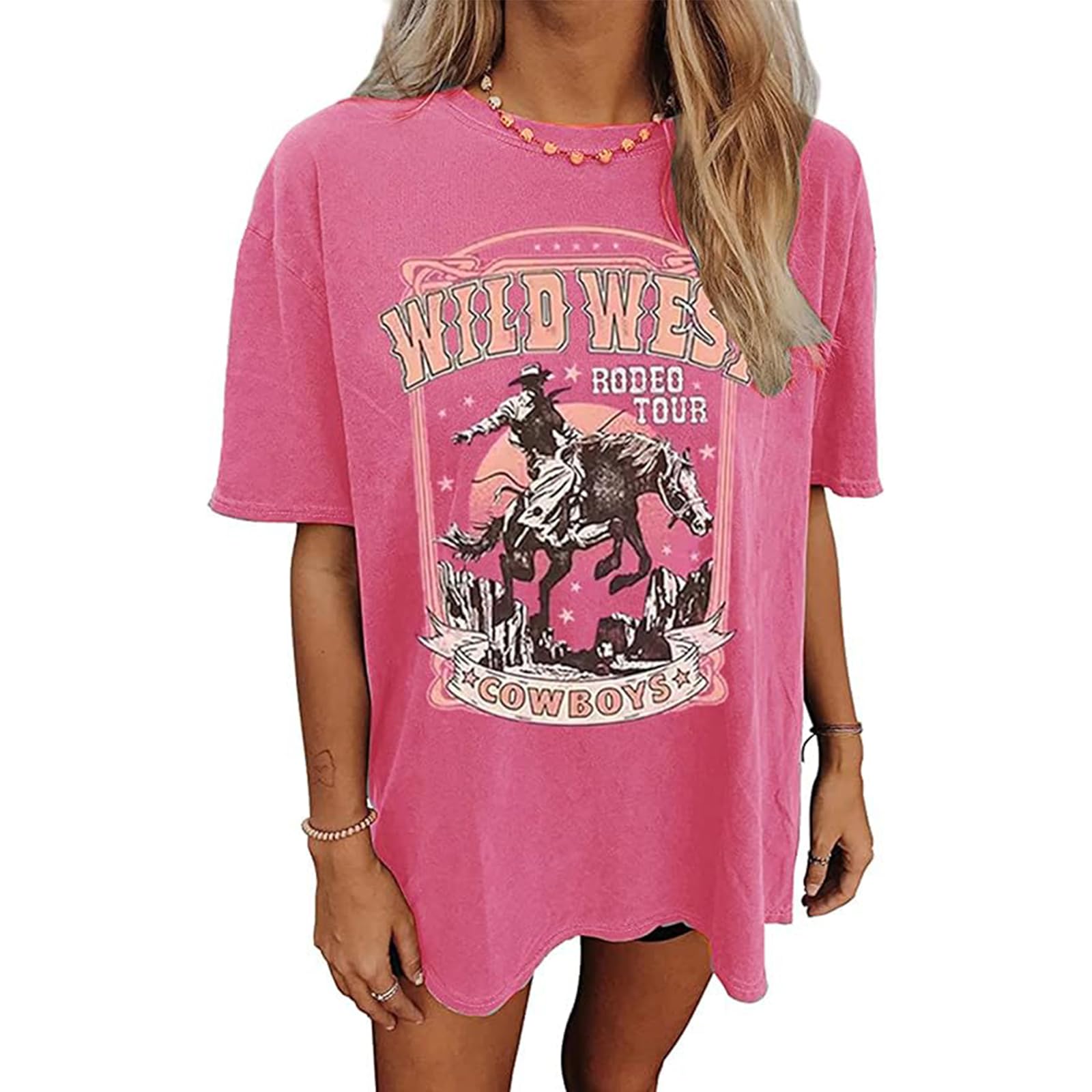 Women's Western Cowboy Shirts Vintage Rodeo Graphic Oversized Tops Cowgirl T-Shirt Rodeo Shirts for Women