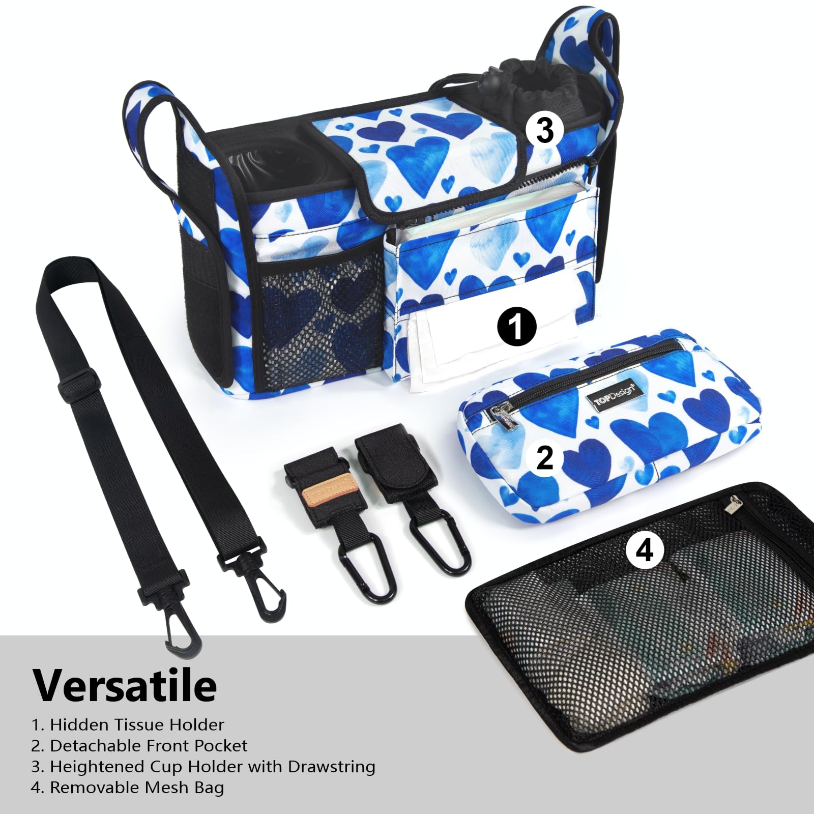 TOPDesign Universal Baby Stroller Organizer, Stroller Caddy with Detachable Mesh Bag & Heightened Insulated Cup Holders & Non-Slip Secure Hooks Accessories, Fits Most Strollers (Checkerboard)