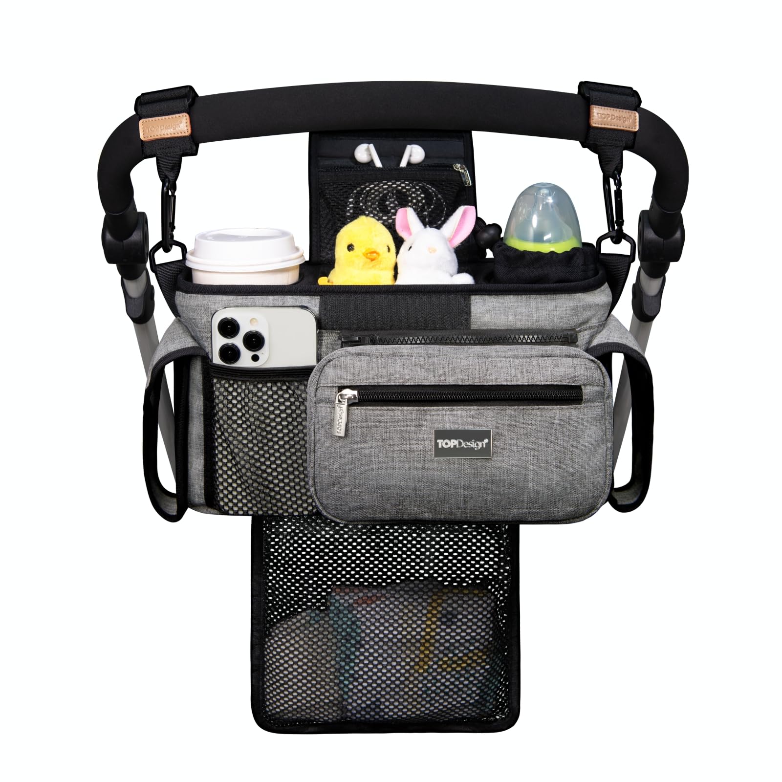 TOPDesign Universal Baby Stroller Organizer, Stroller Caddy with Detachable Mesh Bag & Heightened Insulated Cup Holders & Non-Slip Secure Hooks Accessories, Fits Most Strollers (Checkerboard)
