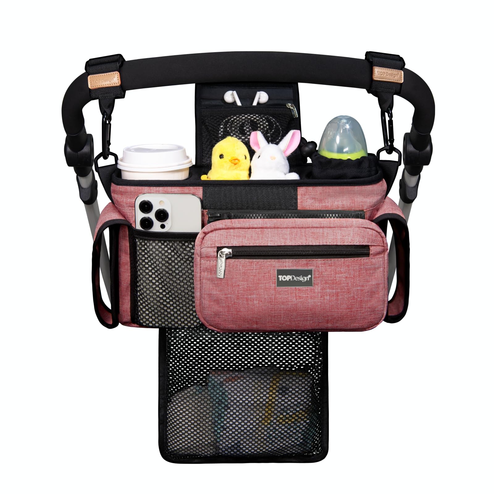 TOPDesign Universal Baby Stroller Organizer, Stroller Caddy with Detachable Mesh Bag & Heightened Insulated Cup Holders & Non-Slip Secure Hooks Accessories, Fits Most Strollers (Checkerboard)