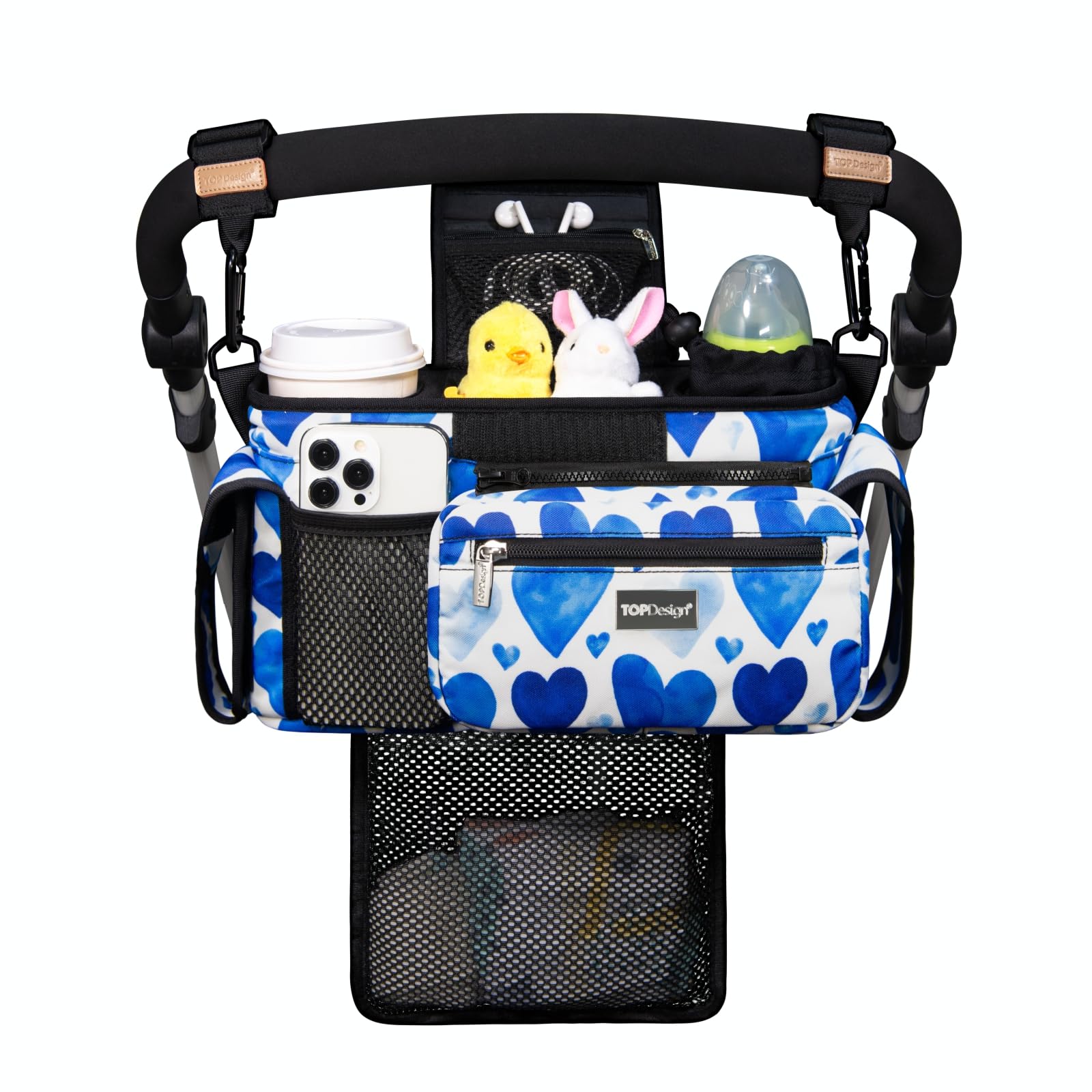 TOPDesign Universal Baby Stroller Organizer, Stroller Caddy with Detachable Mesh Bag & Heightened Insulated Cup Holders & Non-Slip Secure Hooks Accessories, Fits Most Strollers (Checkerboard)