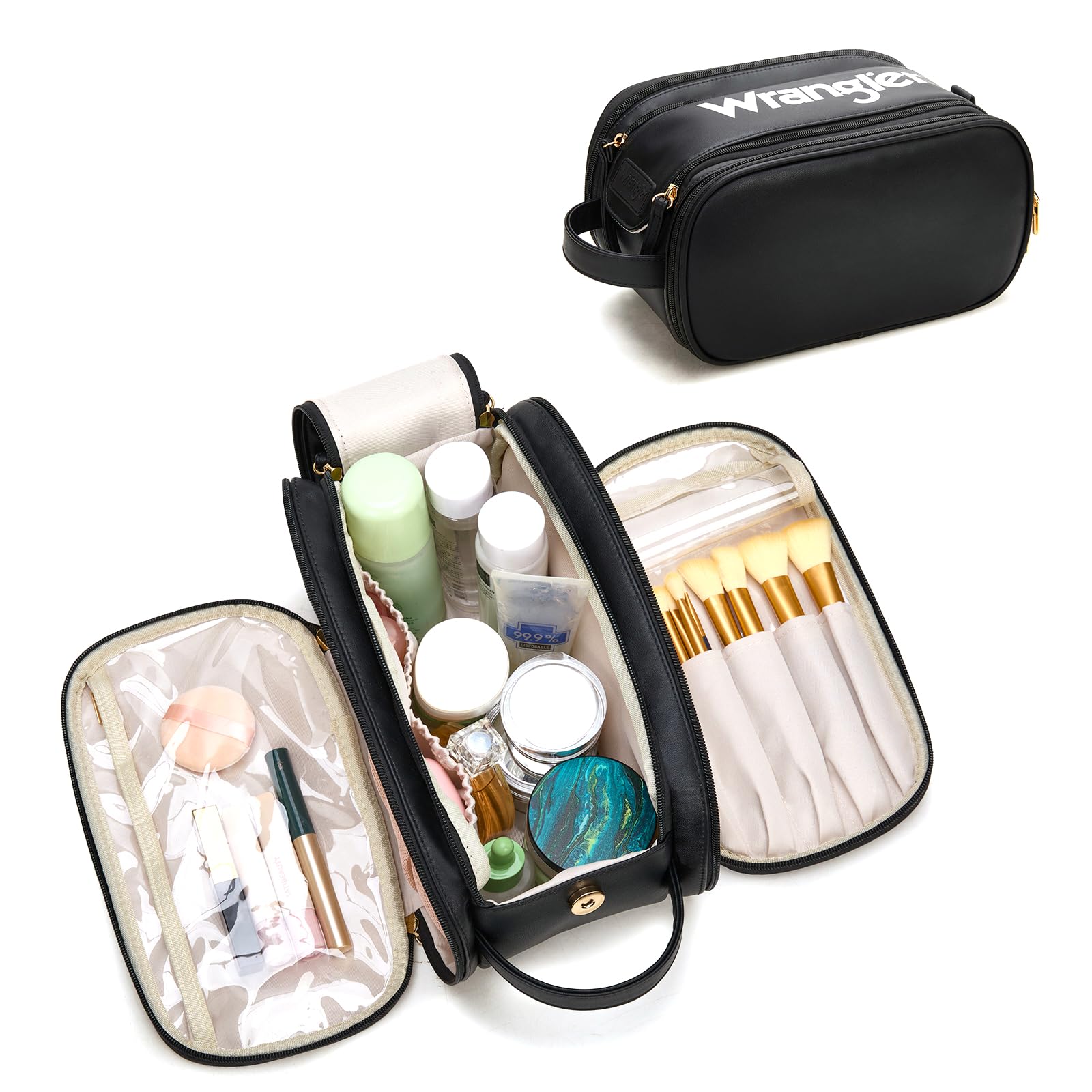 Montana West X Wrangler Large Makeup Bag Travel Toiletry Bag Portable Cosmetic Bag Make Up Organizer with Divider and Handle for Women