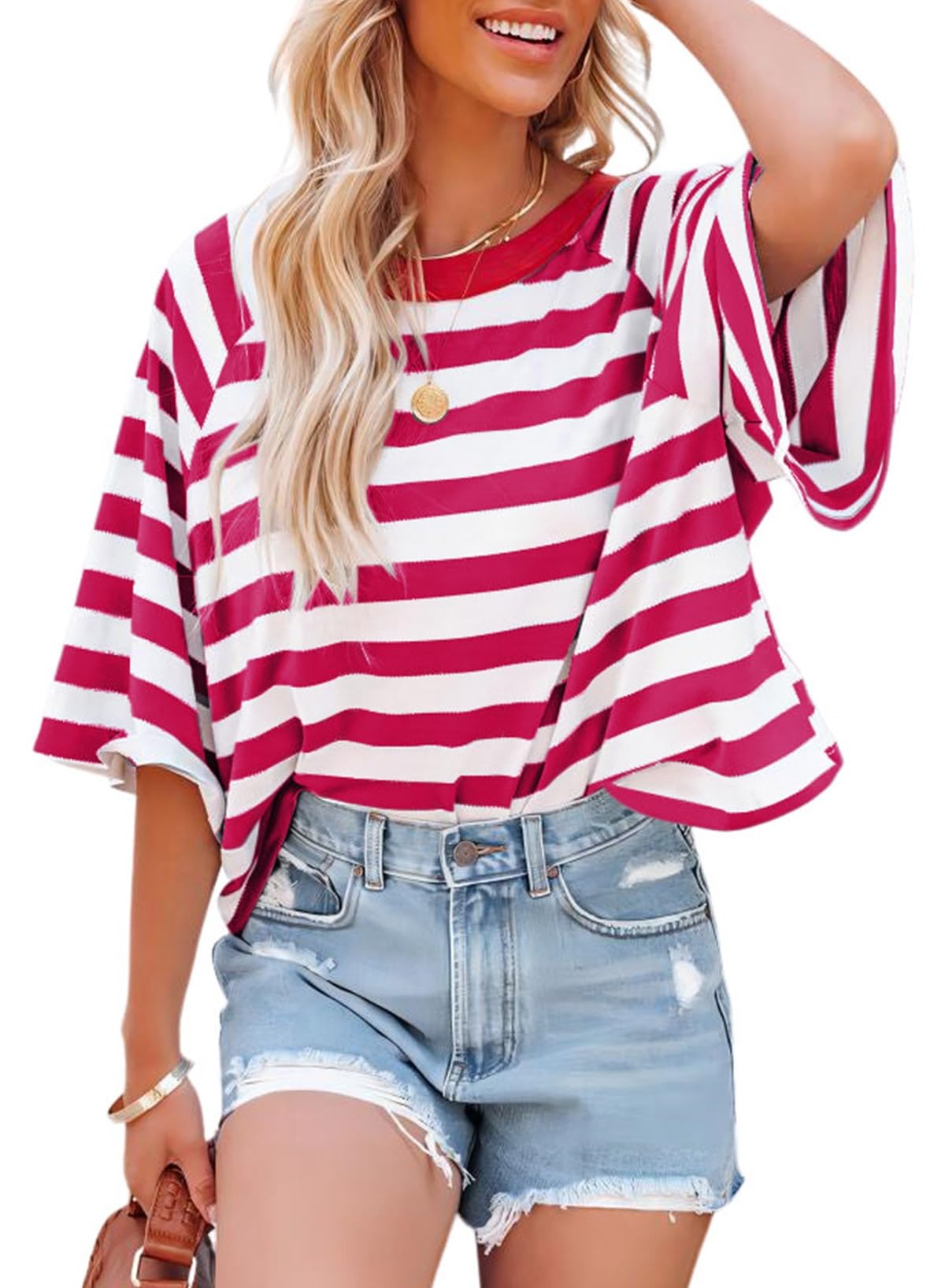 Dokotoo Tops for Women Striped 2026 Fashion T Shirts for Women Color Block Crewneck Design Loose Basic Tee