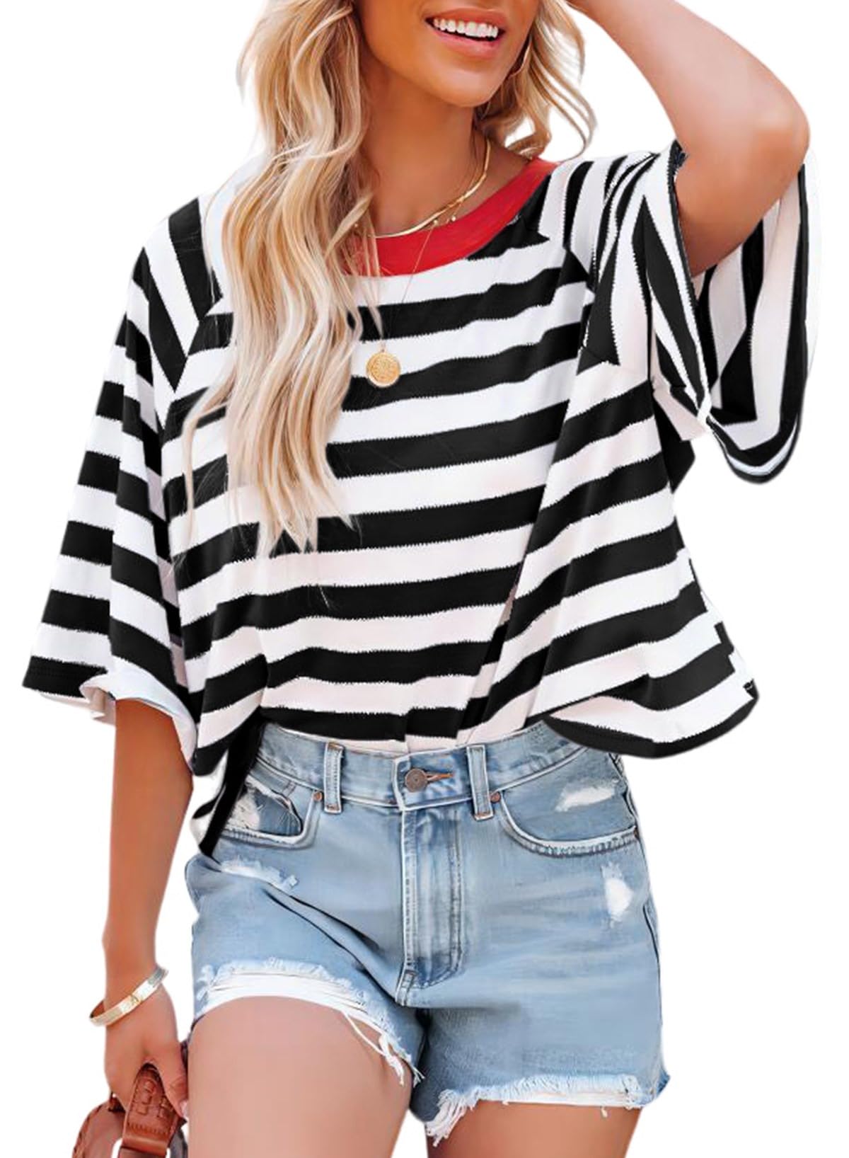 Dokotoo Tops for Women Striped 2026 Fashion T Shirts for Women Color Block Crewneck Design Loose Basic Tee
