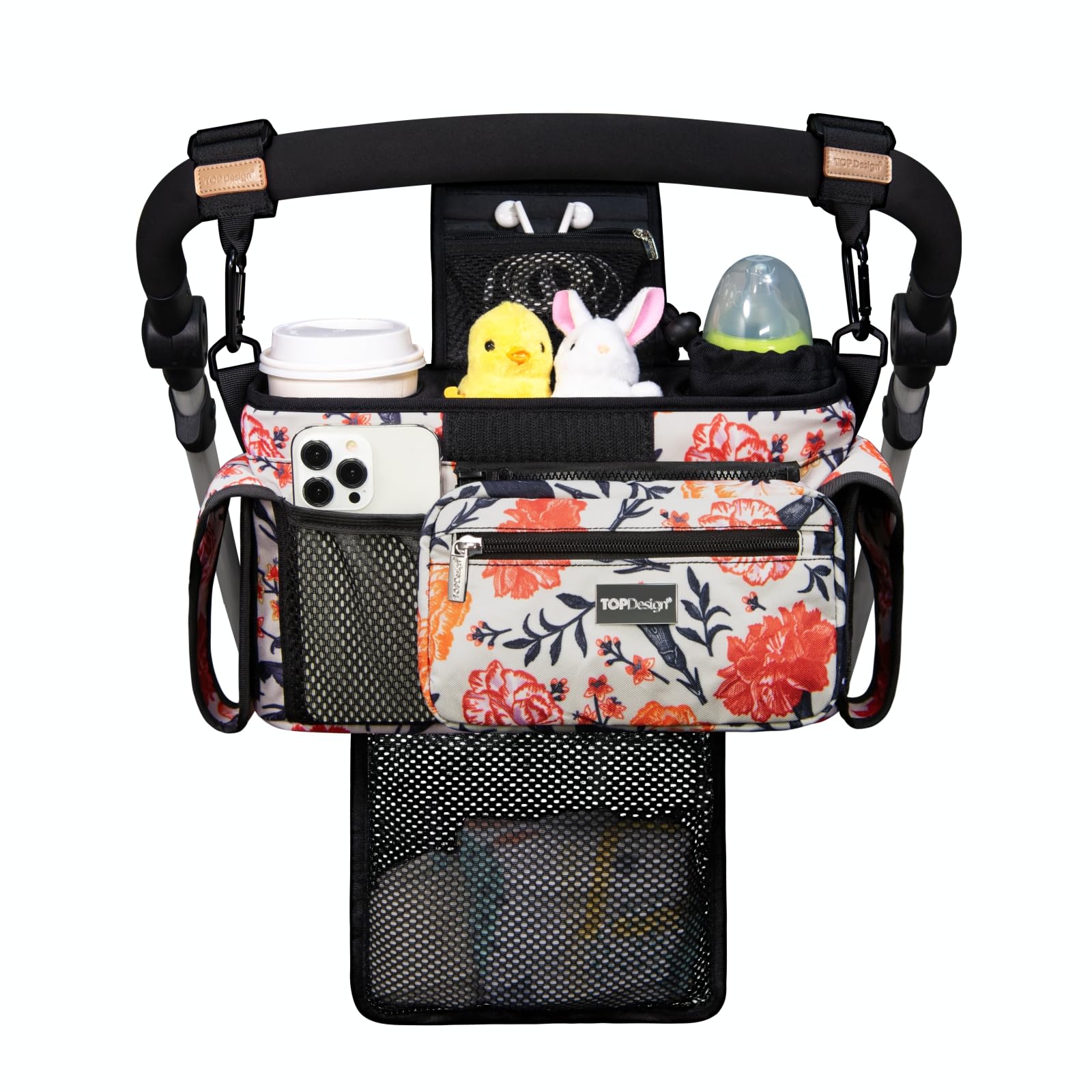 TOPDesign Universal Baby Stroller Organizer, Stroller Caddy with Detachable Mesh Bag & Heightened Insulated Cup Holders & Non-Slip Secure Hooks Accessories, Fits Most Strollers (Checkerboard)