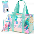 Bagstellar Iridescent Beach Tote Bags for Women, Large Zipper Beach Pool Swim Bag with Makeup Bag & Waterproof Phone Pouch | Waterproof Sandproof