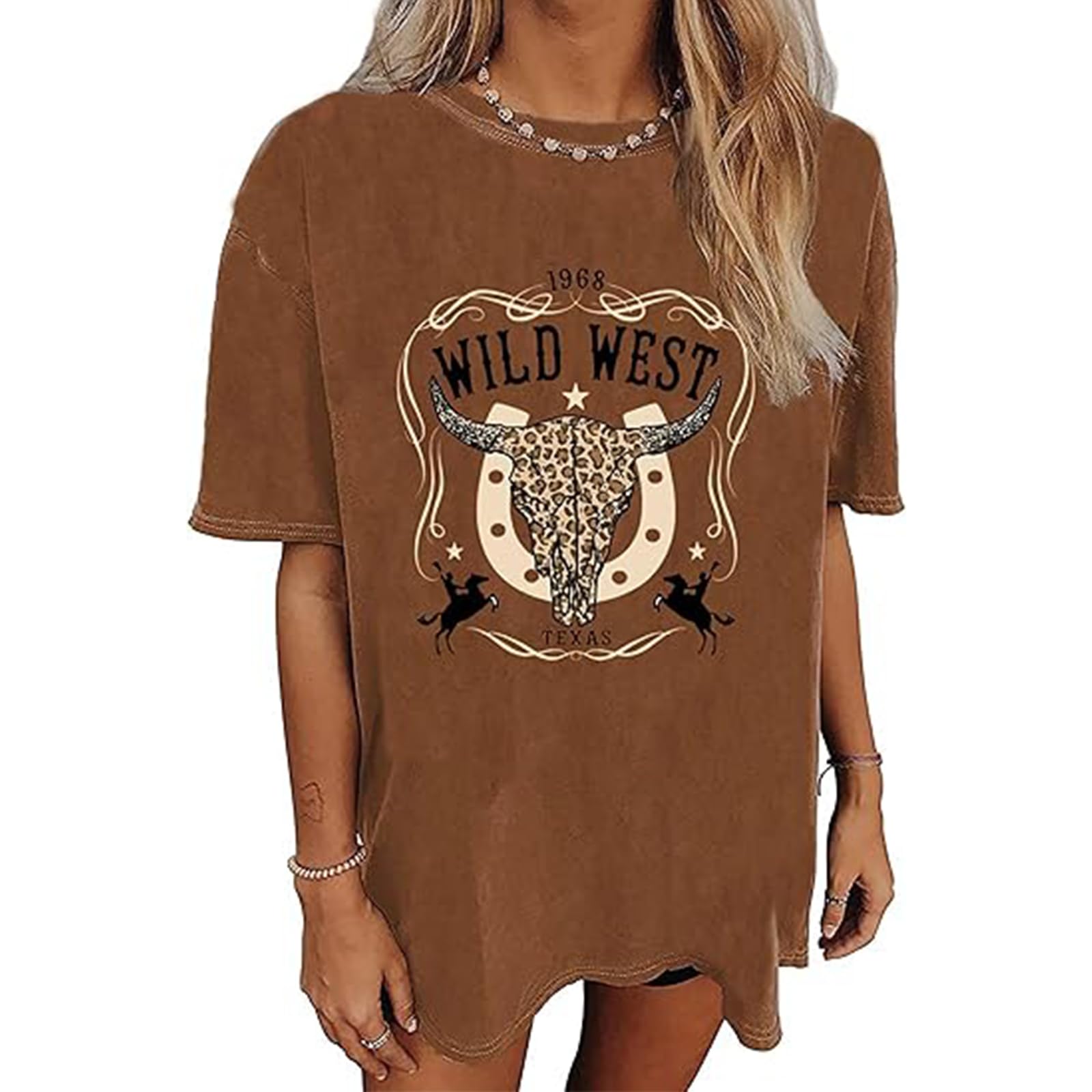 Women's Western Cowboy Shirts Vintage Rodeo Graphic Oversized Tops Cowgirl T-Shirt Rodeo Shirts for Women