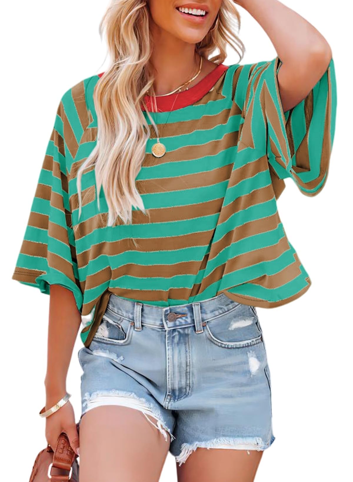 Dokotoo Tops for Women Striped 2026 Fashion T Shirts for Women Color Block Crewneck Design Loose Basic Tee