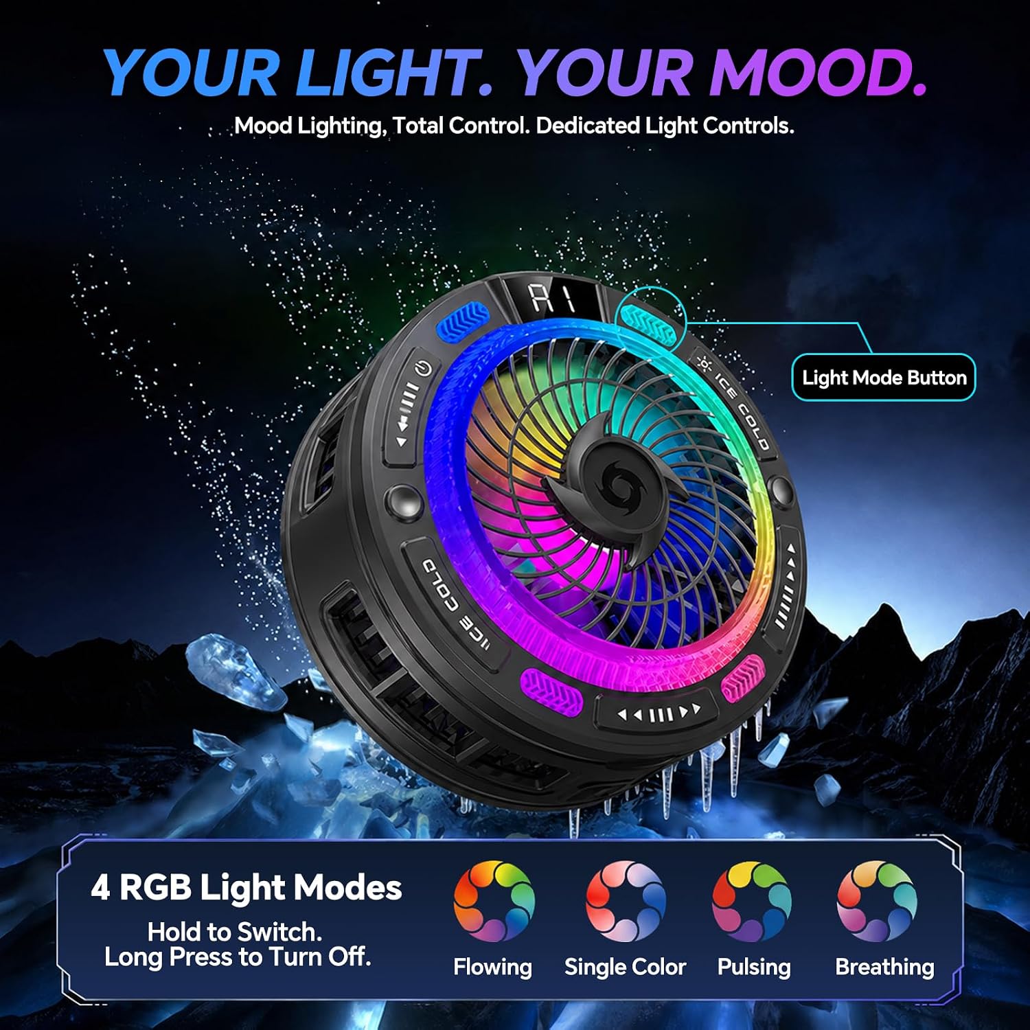 USB Phone Fan with Real-Time Temp Display, AI Smart Control, 100-Level Fan, 4 RGB Modes, Large Cooling Area, Semiconductor Phone Cooling Fan, Magnetic & Clip-On for iPhone Android, Gaming TikTok Live