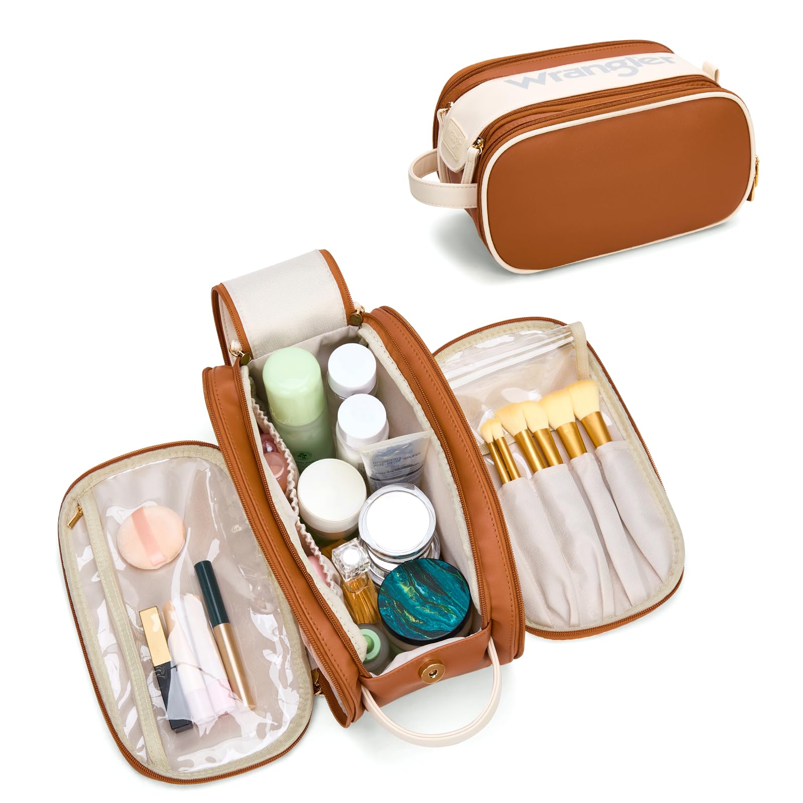 Montana West X Wrangler Large Makeup Bag Travel Toiletry Bag Portable Cosmetic Bag Make Up Organizer with Divider and Handle for Women