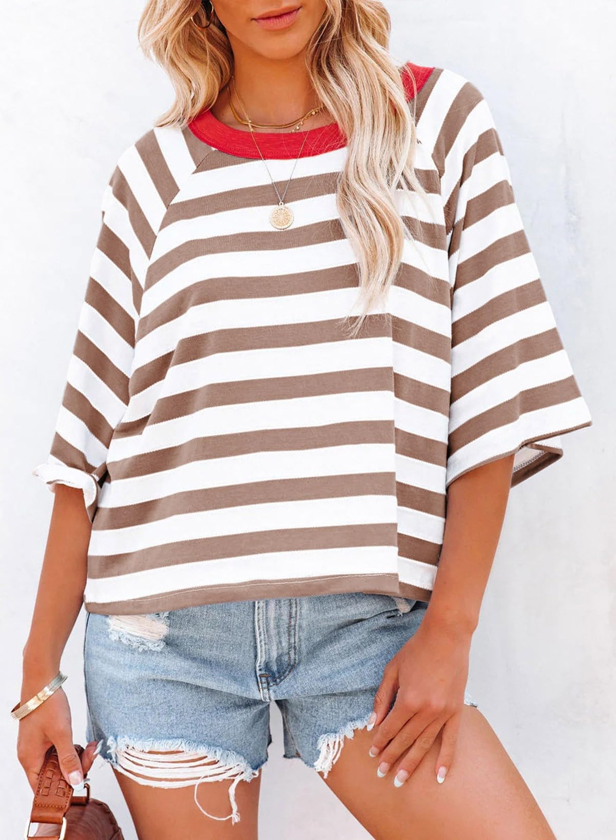Dokotoo Tops for Women Striped 2026 Fashion T Shirts for Women Color Block Crewneck Design Loose Basic Tee