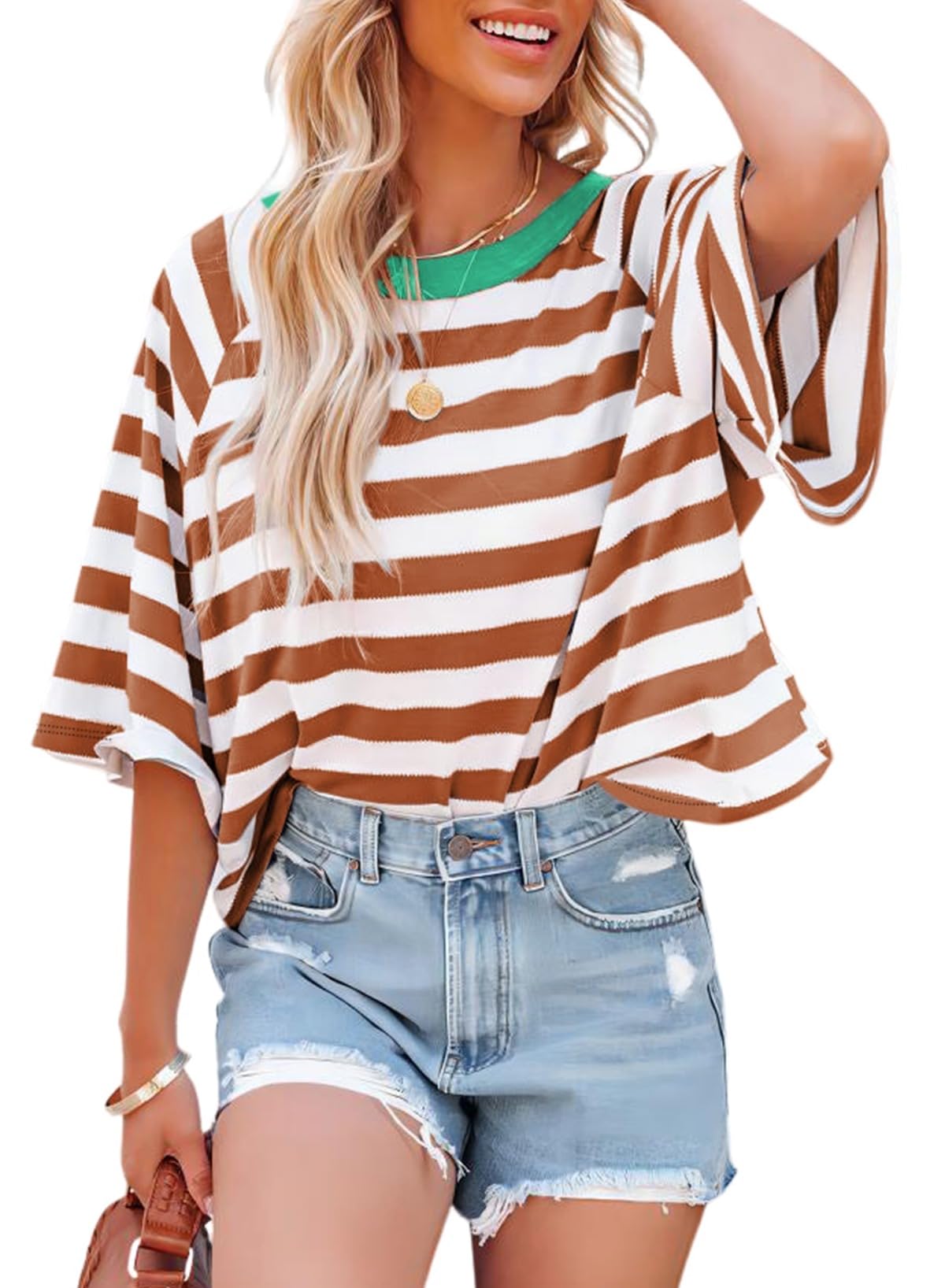 Dokotoo Tops for Women Striped 2026 Fashion T Shirts for Women Color Block Crewneck Design Loose Basic Tee