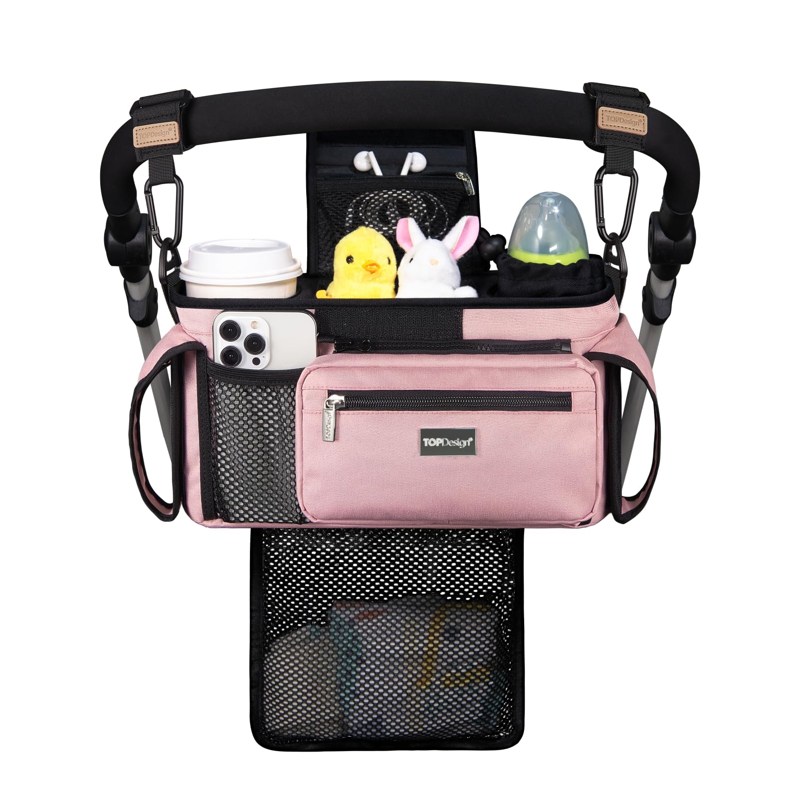 TOPDesign Universal Baby Stroller Organizer, Stroller Caddy with Detachable Mesh Bag & Heightened Insulated Cup Holders & Non-Slip Secure Hooks Accessories, Fits Most Strollers (Checkerboard)