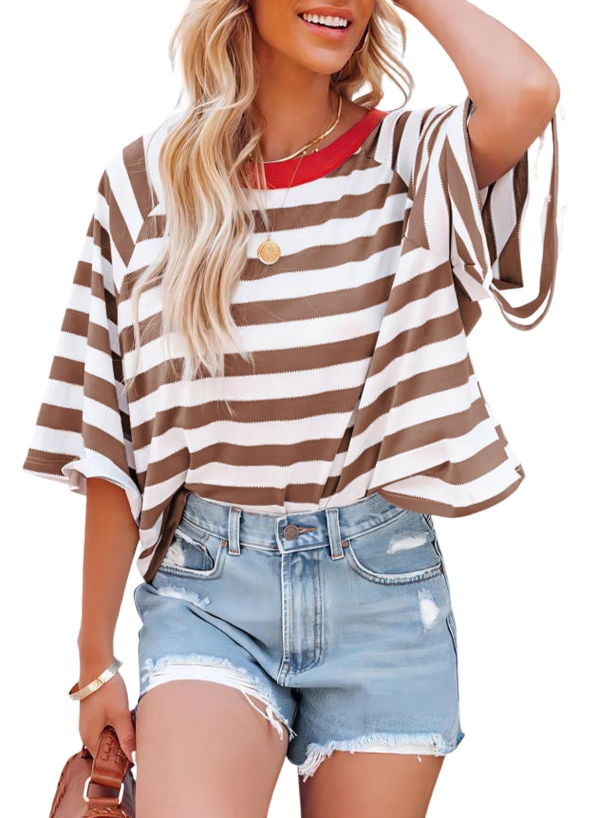 Dokotoo Tops for Women Striped 2026 Fashion T Shirts for Women Color Block Crewneck Design Loose Basic Tee