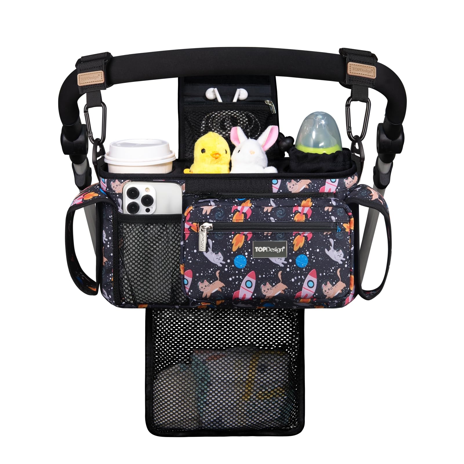 TOPDesign Universal Baby Stroller Organizer, Stroller Caddy with Detachable Mesh Bag & Heightened Insulated Cup Holders & Non-Slip Secure Hooks Accessories, Fits Most Strollers (Checkerboard)