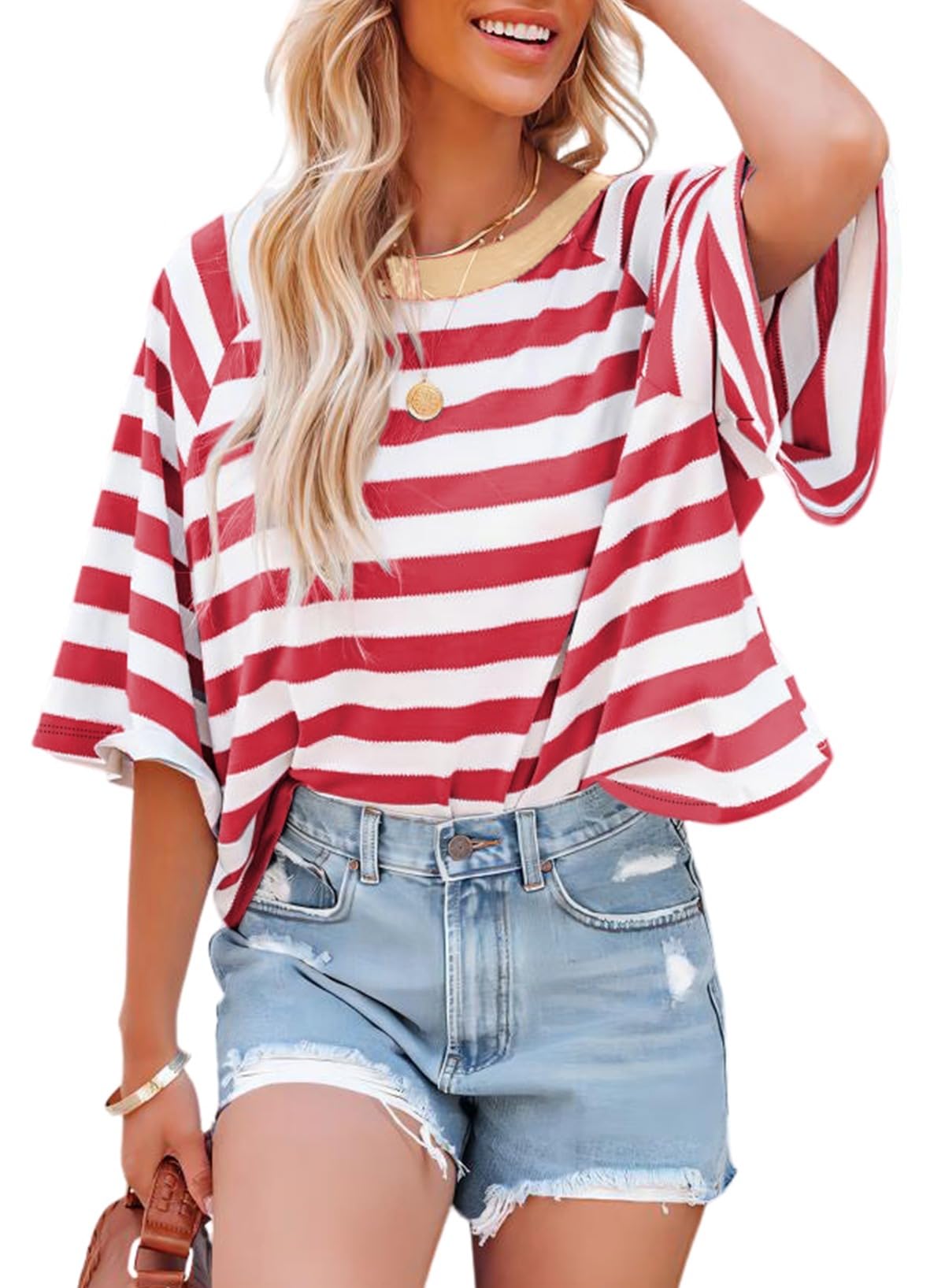 Dokotoo Tops for Women Striped 2026 Fashion T Shirts for Women Color Block Crewneck Design Loose Basic Tee