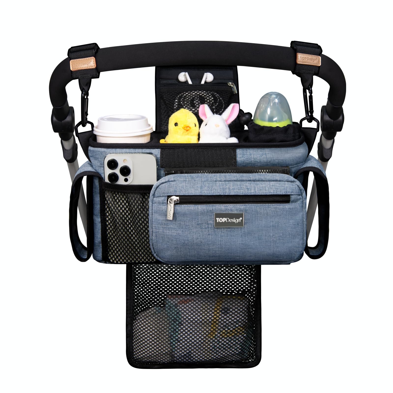 TOPDesign Universal Baby Stroller Organizer, Stroller Caddy with Detachable Mesh Bag & Heightened Insulated Cup Holders & Non-Slip Secure Hooks Accessories, Fits Most Strollers (Checkerboard)